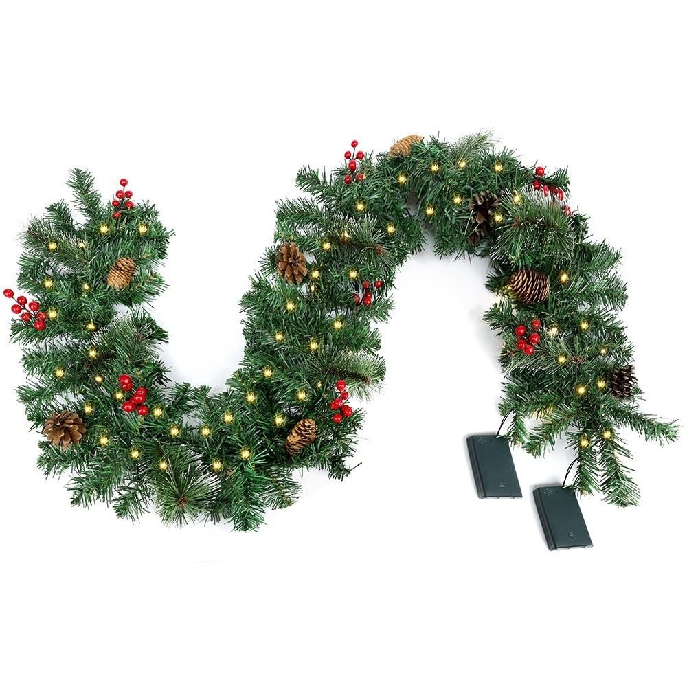 Guirlande de Noël avec pommes de pin et baies, pour cheminée, escalier, porte, fenêtre, décorations de Noël (1,8 m)