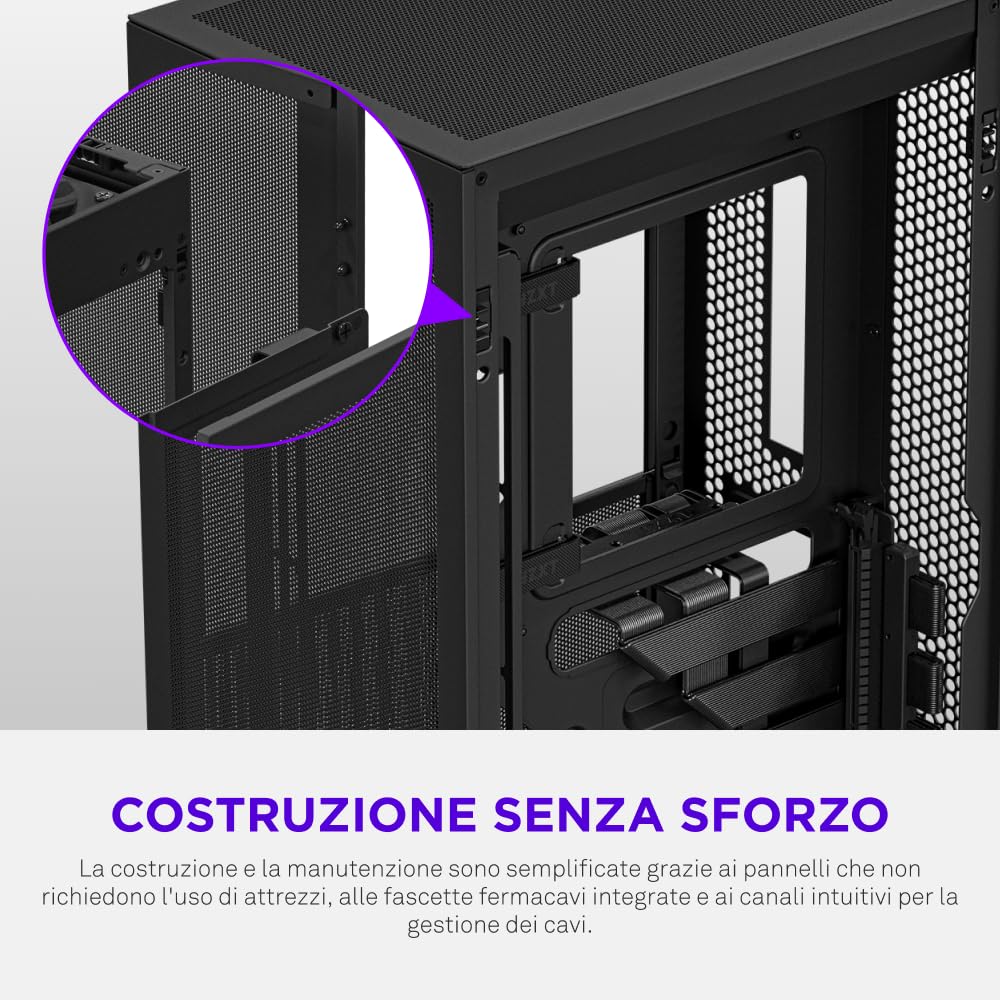 NZXT H2 Flow – Case per PC Mini-ITX da 20,7 litri ad alto flusso d'aria – Include 2 ventole superiori da 120 mm e cavo riser PCIe 5.0 – GPU da 331 mm – Radiatore da 280 mm – Nero