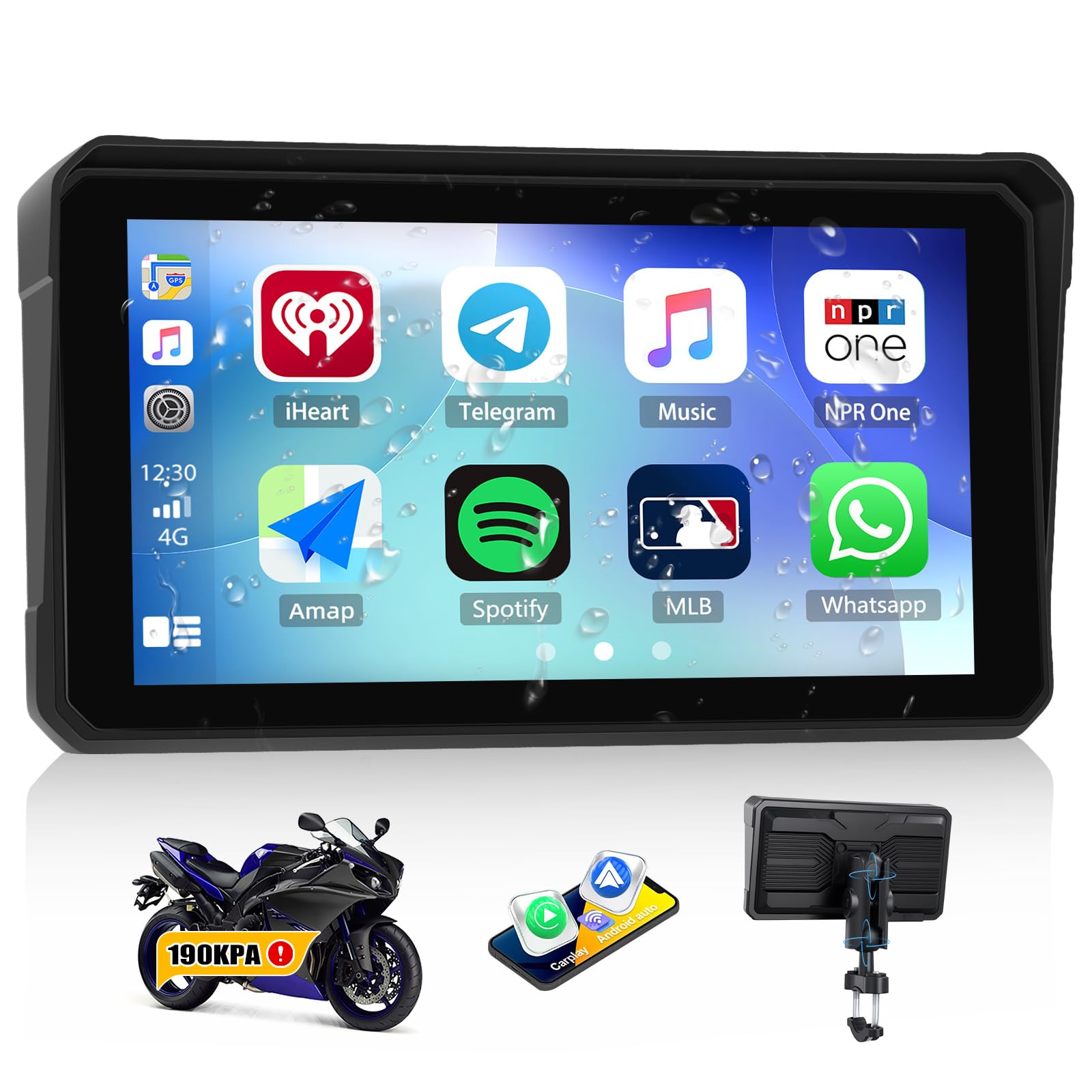 GPS CarPlay Écran pour Moto avec TPMS Système, CarPlay sans Fil Android Auto, Appareil de Navigation pour Moto étanche IP68 6 Pouces avec Bluetooth Mirror Link Siri EQ