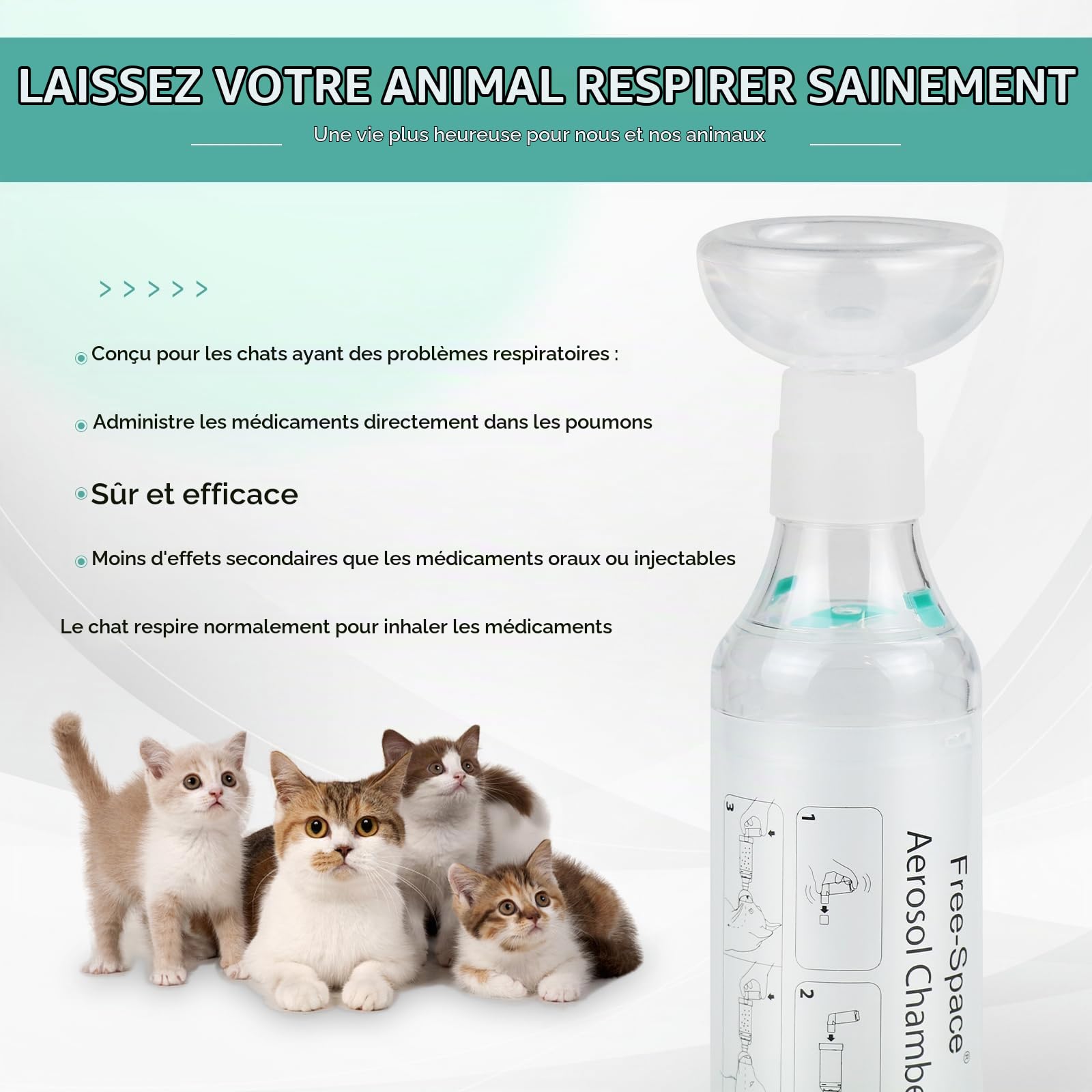free-space Espaceur d'inhalateur pour Chat/Chien avec Masque en Silicone de Forme Ronde, Chambre d'aérosol félin avec indicateur de Respiration 2 Masques (Chat)