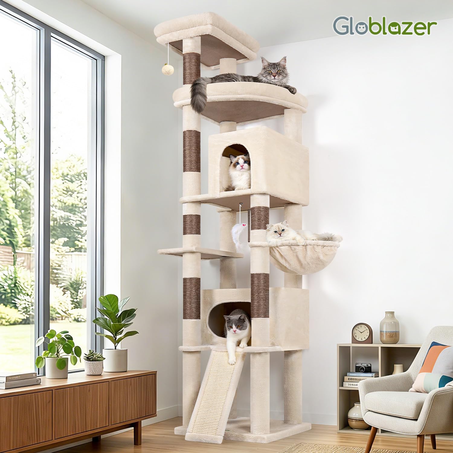 Globlazer Arbre à Chat Beige XXL 215 cm avec 2 Immense Niches, Extra-Large Plateformes, Pente Sisal Peluche, Paniers, Solide Arbre à Chat pour Gros Chats Grand Maine Coon Ragdoll Adulte (F84B, Beige)