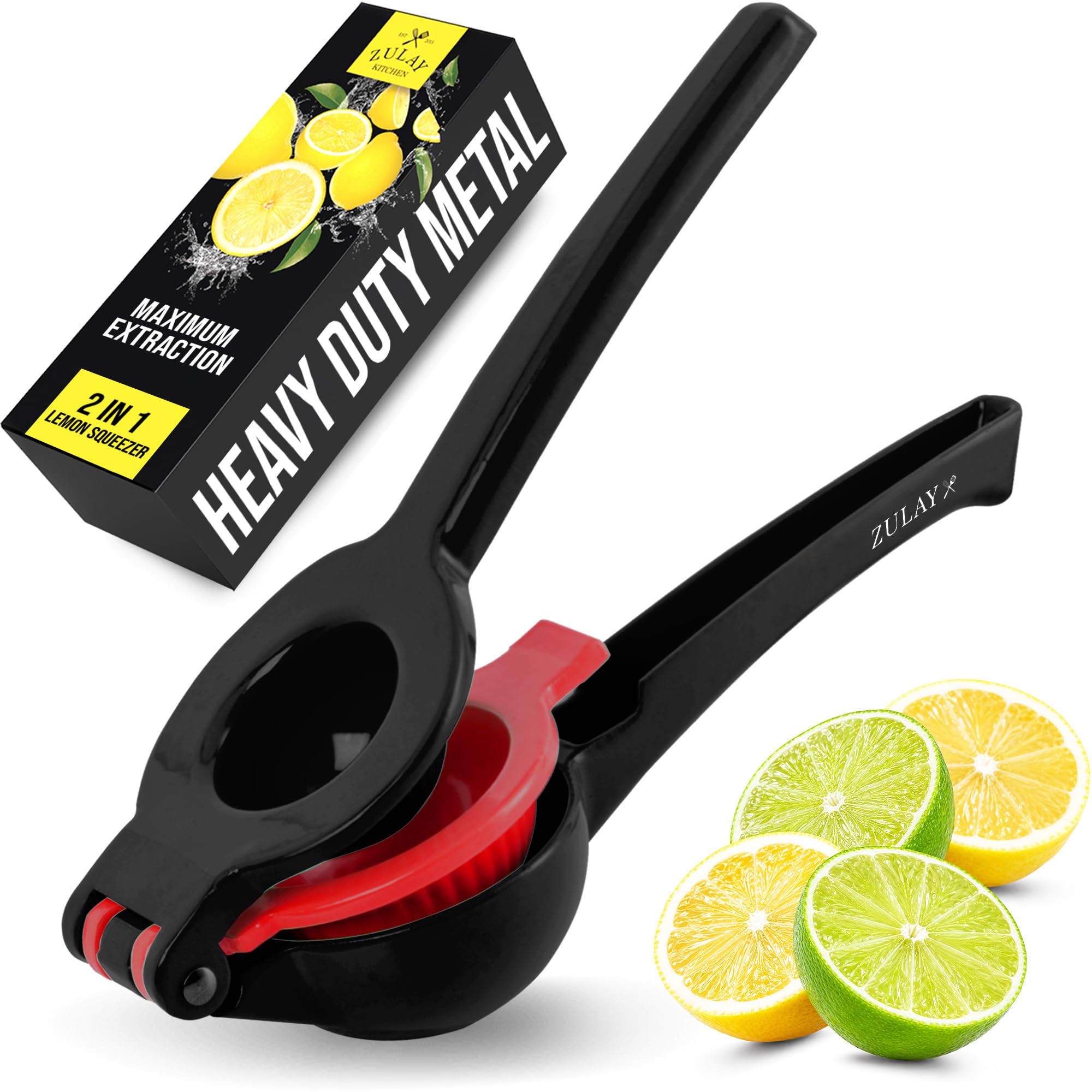 Zulay Kitchen Metal 2-in-1 Lemon Squeezer - Sturdy Max Extraction Hand Juicer Lemon Squeezer Gets Every Last Drop - Easy to Clean Manual Citrus Juicer - Easy-Use Lemon Juicer Squeezer - Black/Red