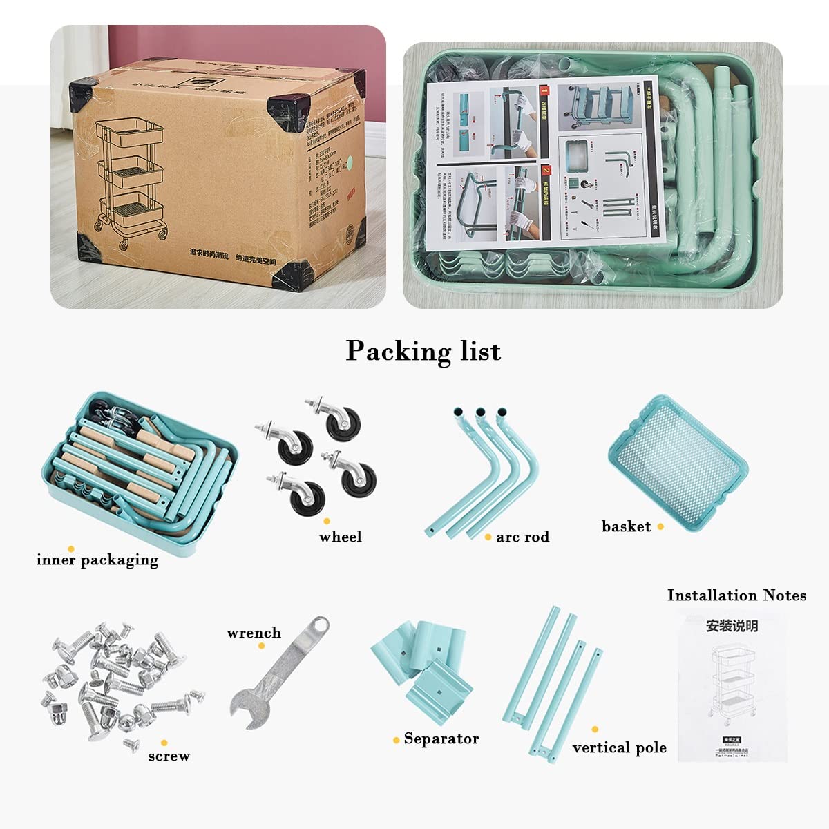 Carrito utilitario rosa de 3 niveles con estantes de almacenamiento para cocina, baño, oficina y lavandería, carrito de servicio de metal con ruedas para un fácil transporte y organización
