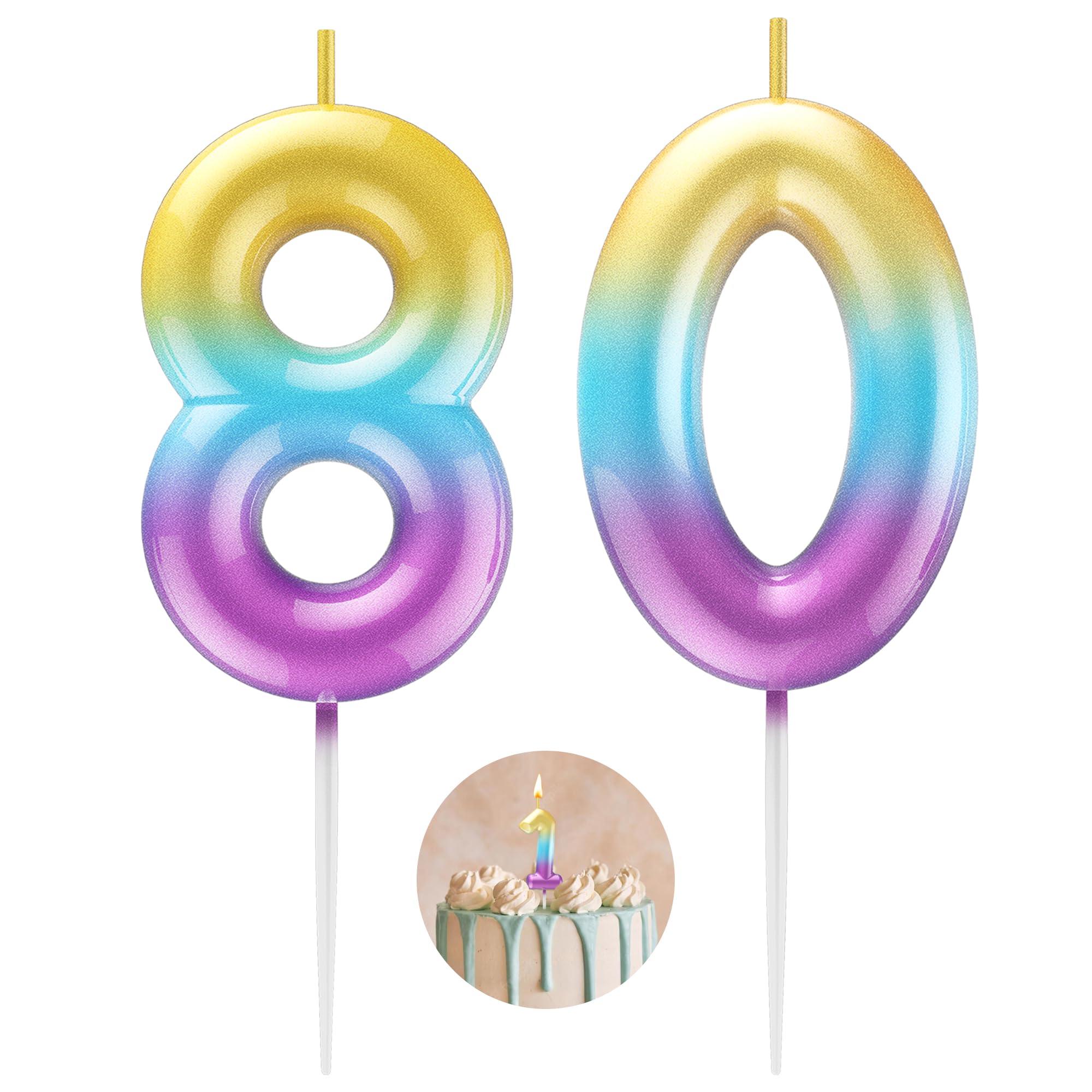 Rainbow Number 80 Candle Happy Birthday 3D Number Candles for Birthday Cake Party Decoration Wedding Anniversary Celebration Supplies