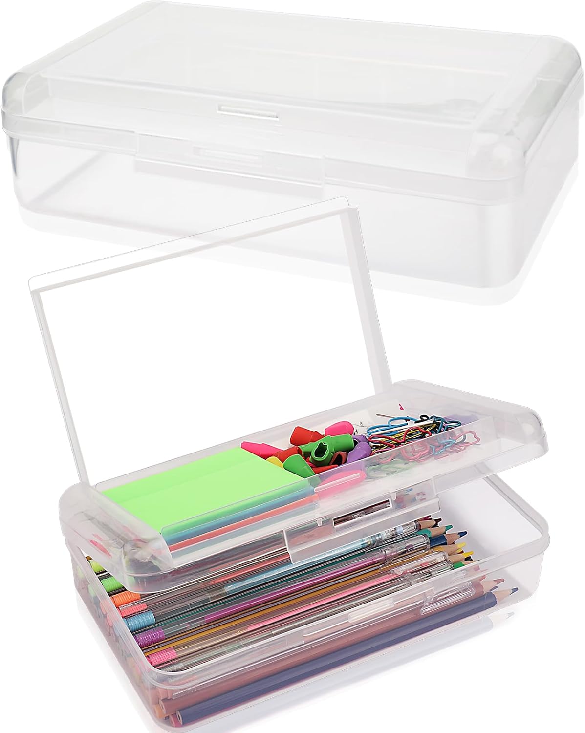 4 PCS Pencil Box,Double Layer Large Capacity Pencil Box,Hard Pen Case with Snap-tight Lid, Plastic Pencils Case for Office School Supplies Pen Boxes,Storage Organizer for Eraser-Blue+Green+Pink+Purple