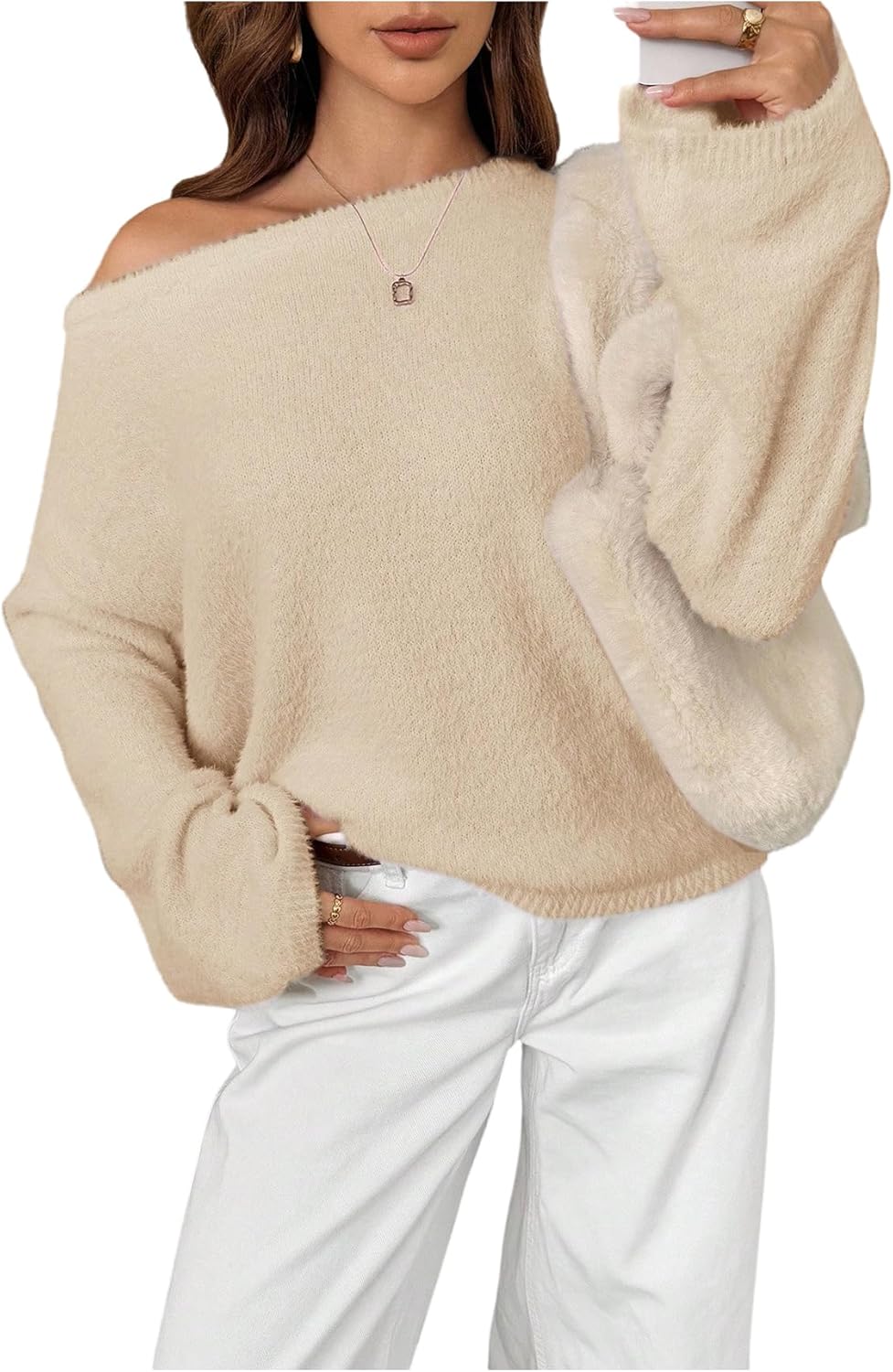 Verdusa Women's Cozy Off The Shoulder Sweater Fuzzy Knit Pullover Tops Fall Outfits