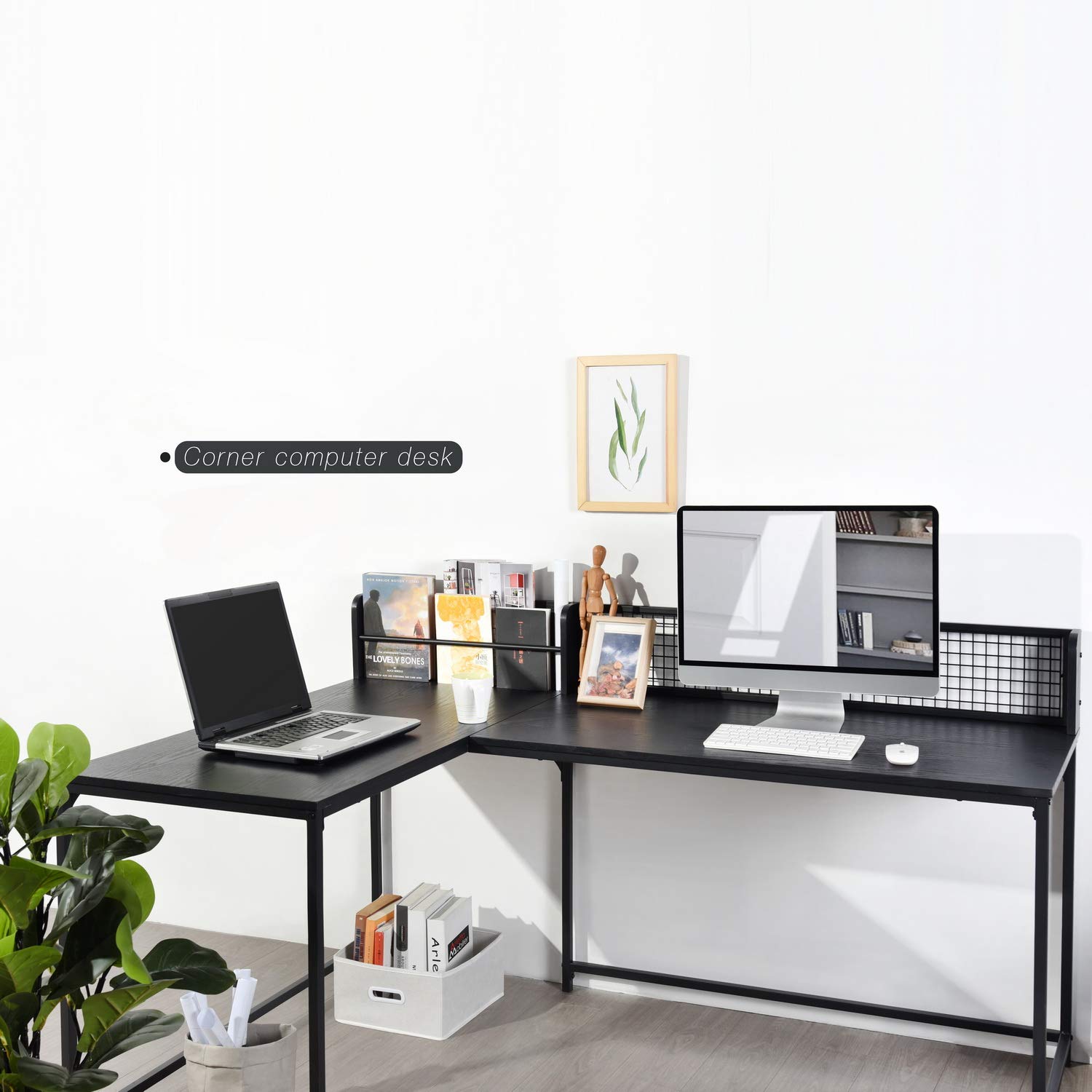 FurnitureR Escritorio esquinero en Forma de L, Mesa Industrial para computadora, Gran Superficie de Almacenamiento con Patas de Metal, estación de Trabajo para computadora, Escritorio de Estudio para