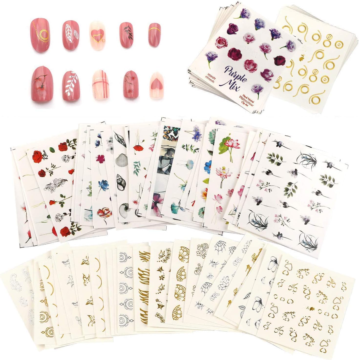 PHOGARY 54 Sheets Nail Art Sticker Decals 1000 Pieces Patterns Golden Silver Nail Art Water Transfer Decals, Metallic Nail Stickers Butterfly Lace Flower Dream Catcher Feather Nail Decorations