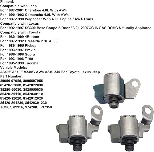 Miniatura 5 de GXARTS AW4 A340 Transmisión TCC Lock Up Solenoide + Kit de solenoides de cambio para Toyota Previa Supra T100 Tacoma 4Runner Pickup apto para Jeep