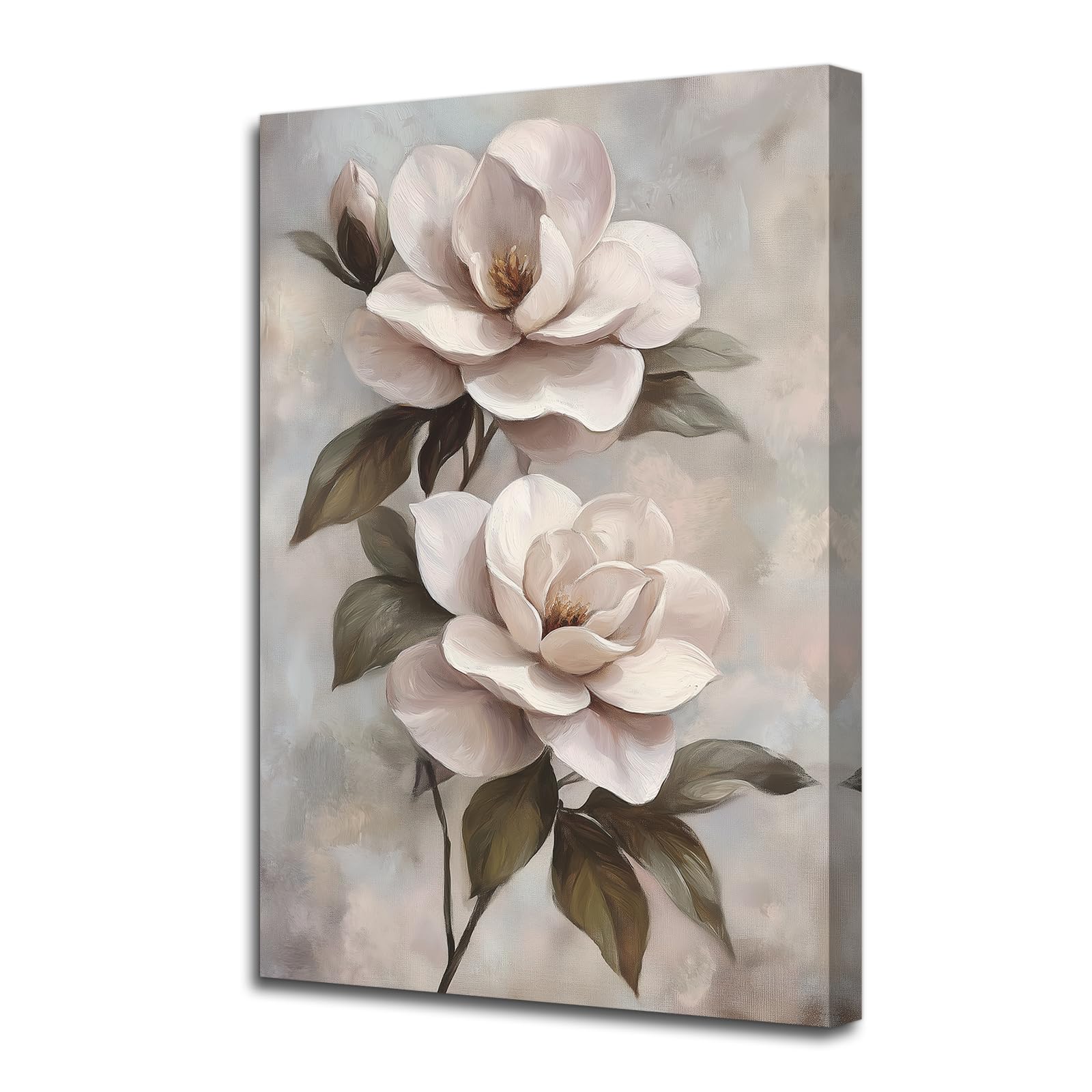 PBXBJY Magnolia Flower Canvas Wall Art Vintage Floral Painting Rustic Picture Print Light Pink Flowers on Grey Background Poster Plants Bathroom