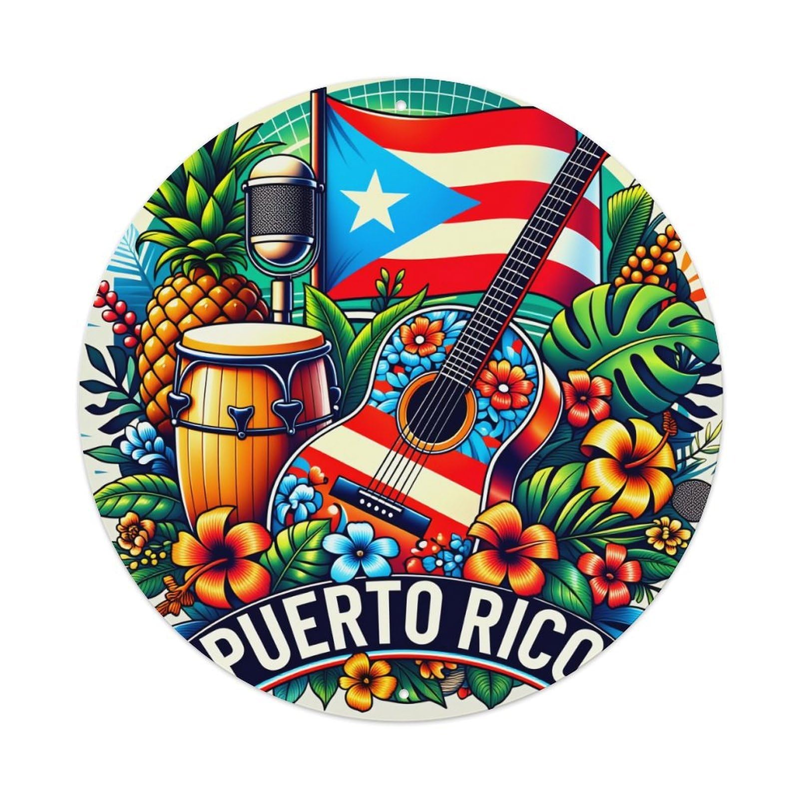 Puerto Rico Flag Guitar Drum Pineapple Round Tin Sign Vintage Style Metal Sign Home Bar Garden Wall Plaque Decor Metal Poster 8x8 Inch
