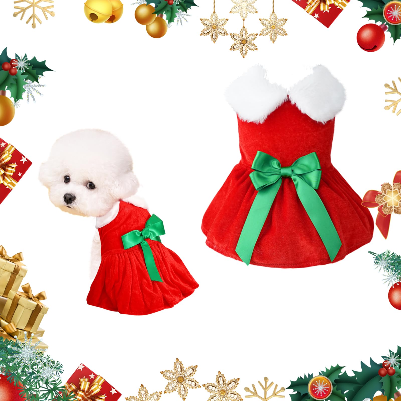 Lovely Pet Christmas Costume, Girl Dog Holiday Dress with Fur Collar