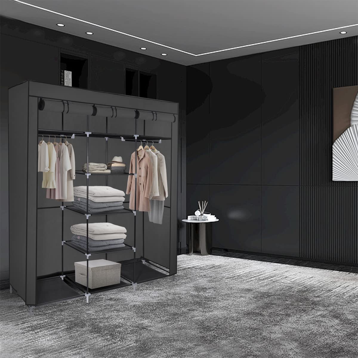 T-LOVENDO.ES Armario de Tela ropero estantería con Cremallera Plegable Modular portátil Grande 175 x 150 x 45 cm. Tubos de Acero para Perchas. Varios estantes Robusto y Estable. Negro