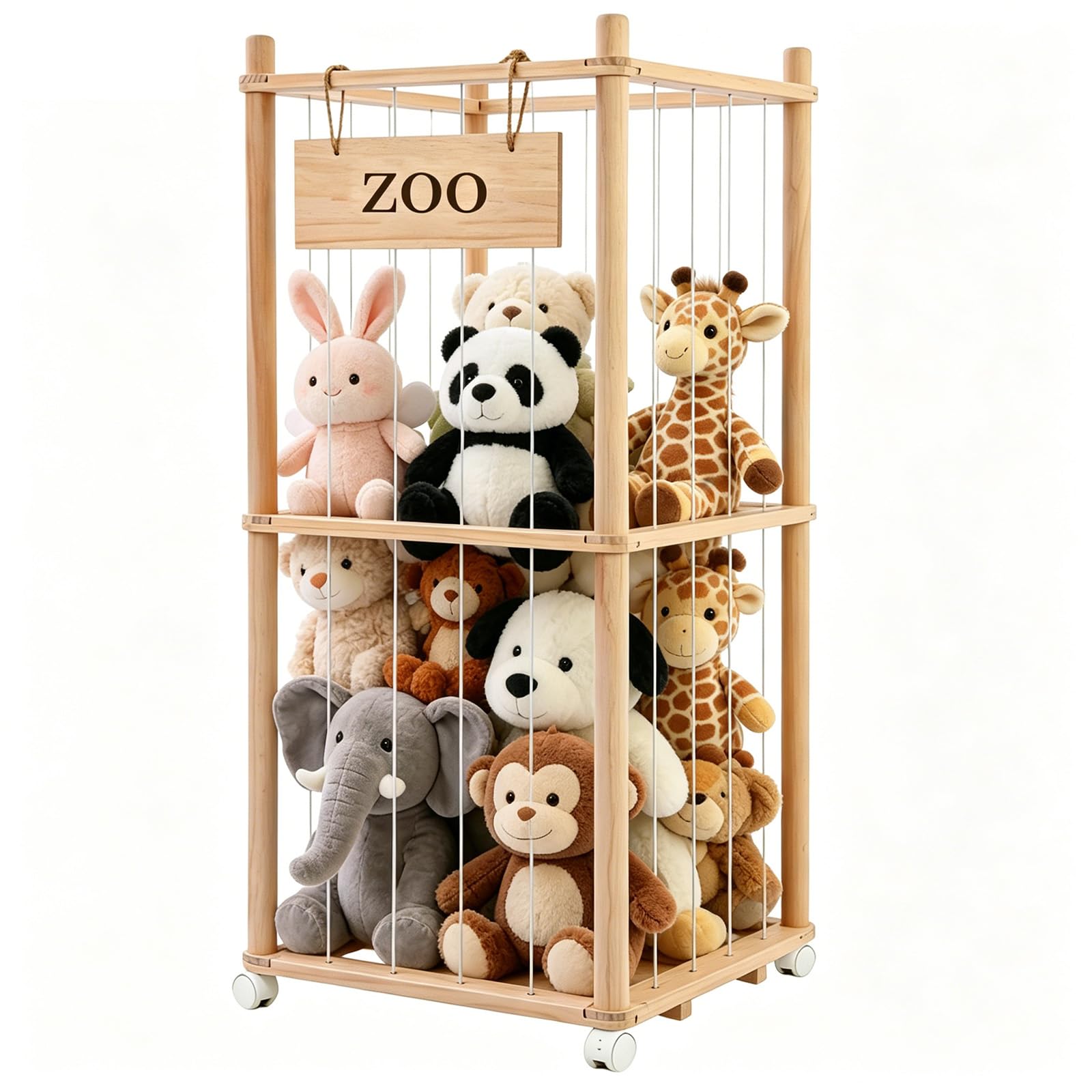 Stuffed Animal Storage with Wheels, Wooden Plush Toy Organizer Zoo