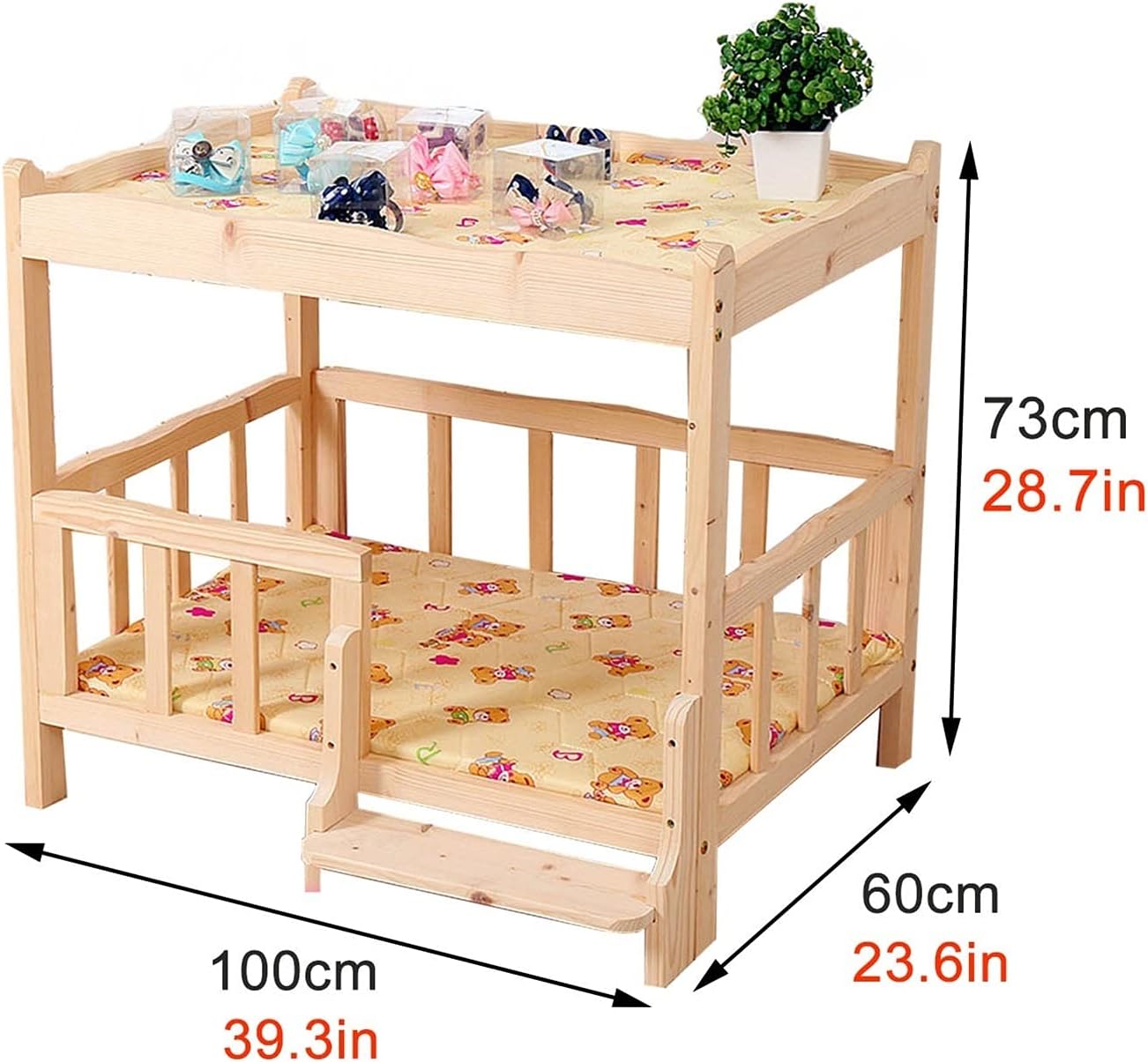 Wood 2 Tier Pet Dogs Bed Sofa with Stairs and Fence, Portable Summer Mattress, Elevated Cooling Wooden Pets Cot for Indoor Outdoor (Size : X-Large)