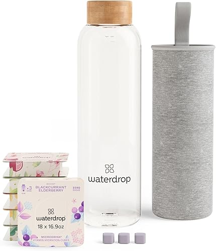 Waterdrop - Juego de iniciación de 20 onzas, botella de vidrio de borosilicato con funda de neopreno, botella de vidrio con cubos saborizantes de