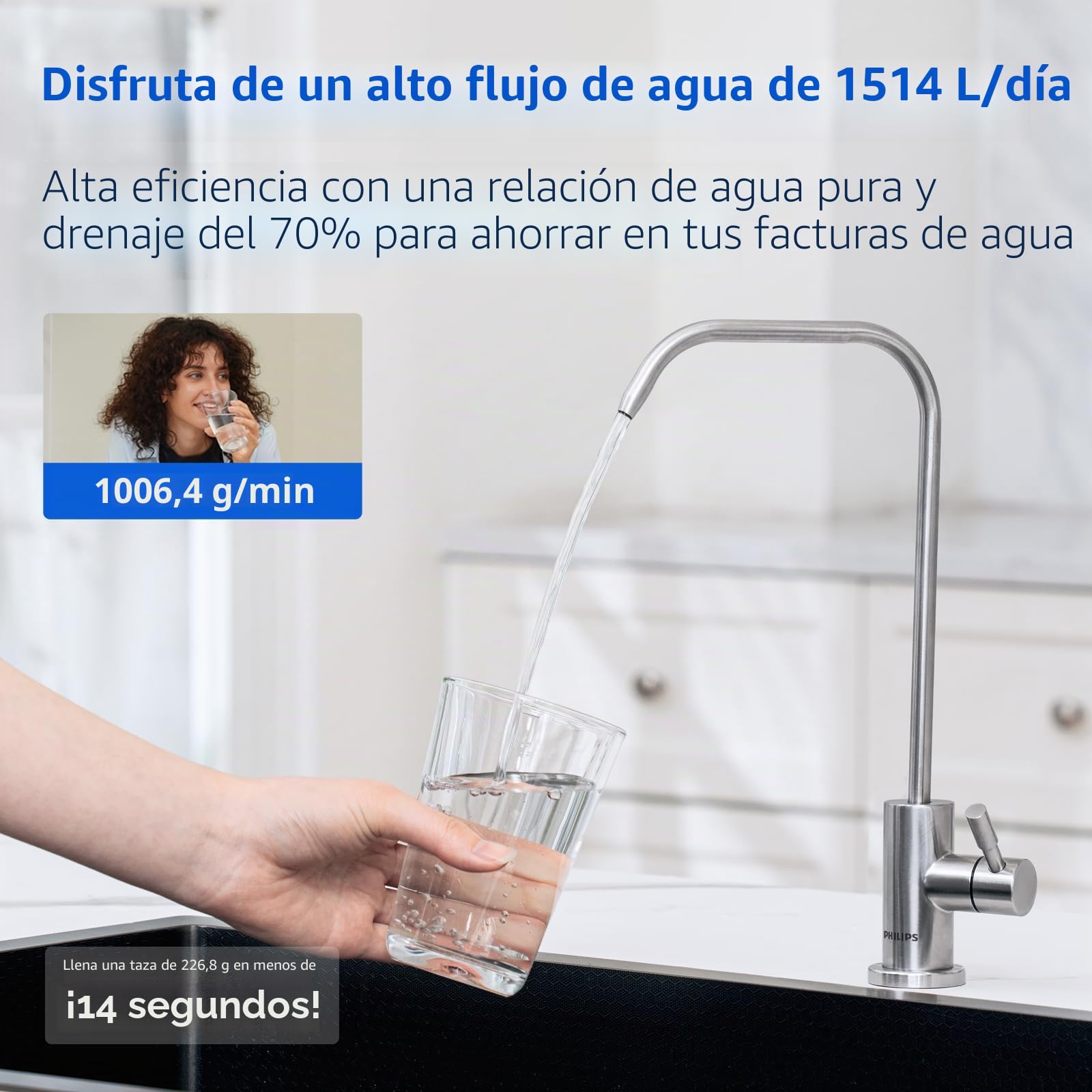 Filtro de agua de ósmosis inversa debajo del fregadero, purificador de agua compacto sin tanque Philips de 5 etapas, sistema de ósmosis inversa certificado NSF/ANSI 372, 2:1 puro para drenar