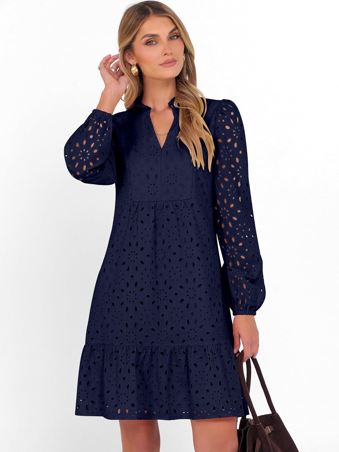 Caracilia Womens Dresses Long Sleeve V Neck Eyelet Hollow Out Fall Casual Flowy Swing Boho Tiered 2025 Mini Short Dress - Image 4