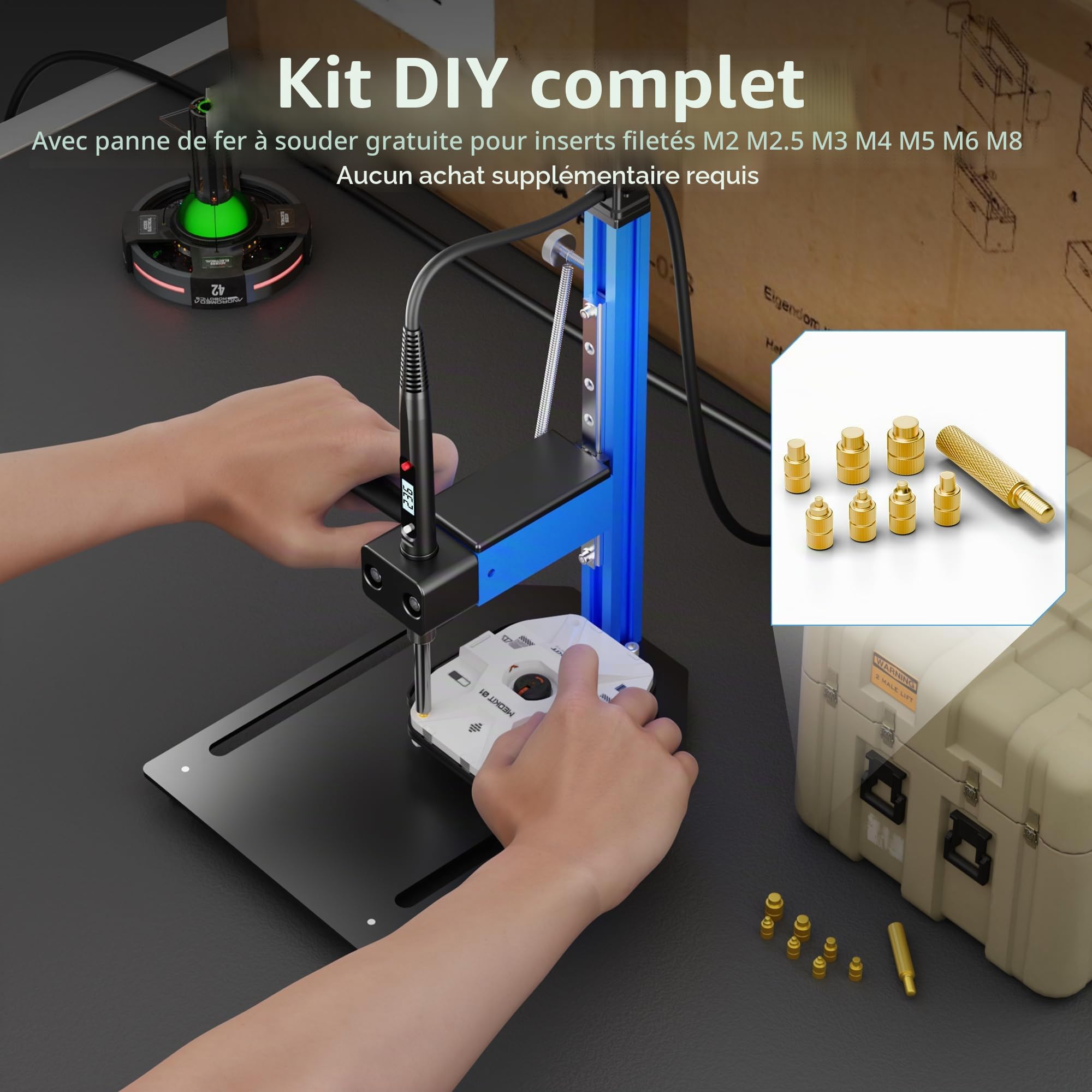 Kit d'aide à la fusion pour inserts filetés - Outil d'insertion thermique en alliage d'aluminium - Outil de fusion vertical avec aide à la fusion en laiton - 7 pièces pour inserts filetés M2
