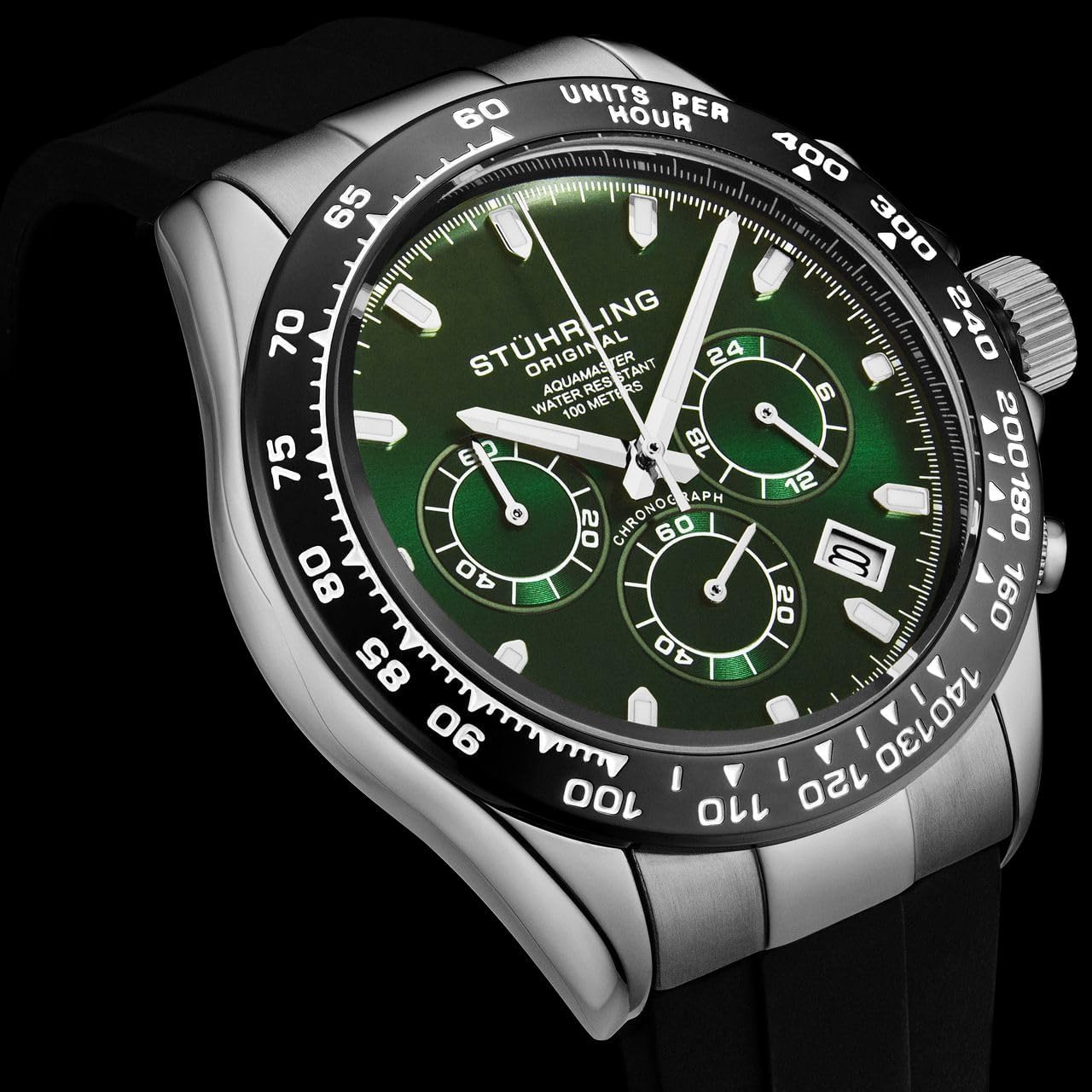 Stuhrling Aquamaster Quartz Chronograph Watch Screw Down Crown Luminous Hands, Date and 24 Hour Subdial Black Rubber Band for Men 42mm Case Water Resistance Green image 2 of 4 B0D1W263JR