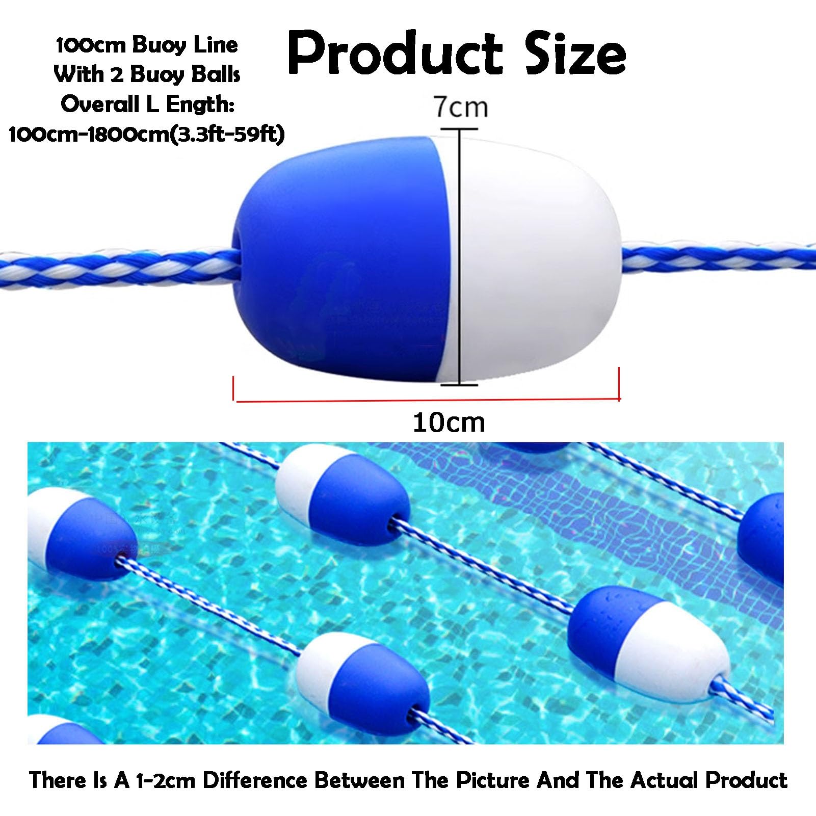 Schwimmtrenner, Sicherheitsseil für flache Pools und Strände, 100 cm, mit 2 schwimmenden Bällen für den Außenbereich, Schwimmzubehör für effektive Teilung