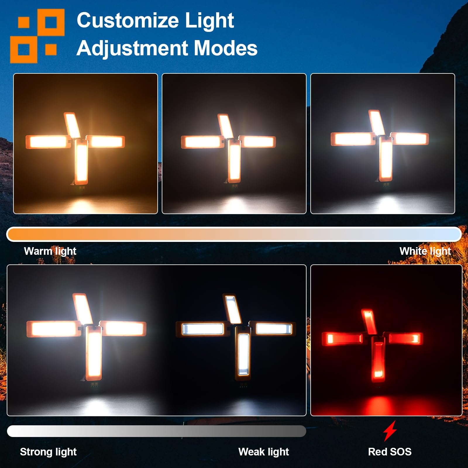 Projecteur de Chantier Solaire à LED Avec Trépied, Lampe de Chantier à Batterie Rechargeable 13200 mAh, Luminosité Maximale Jusqu'à 8000 Lumens(orange）