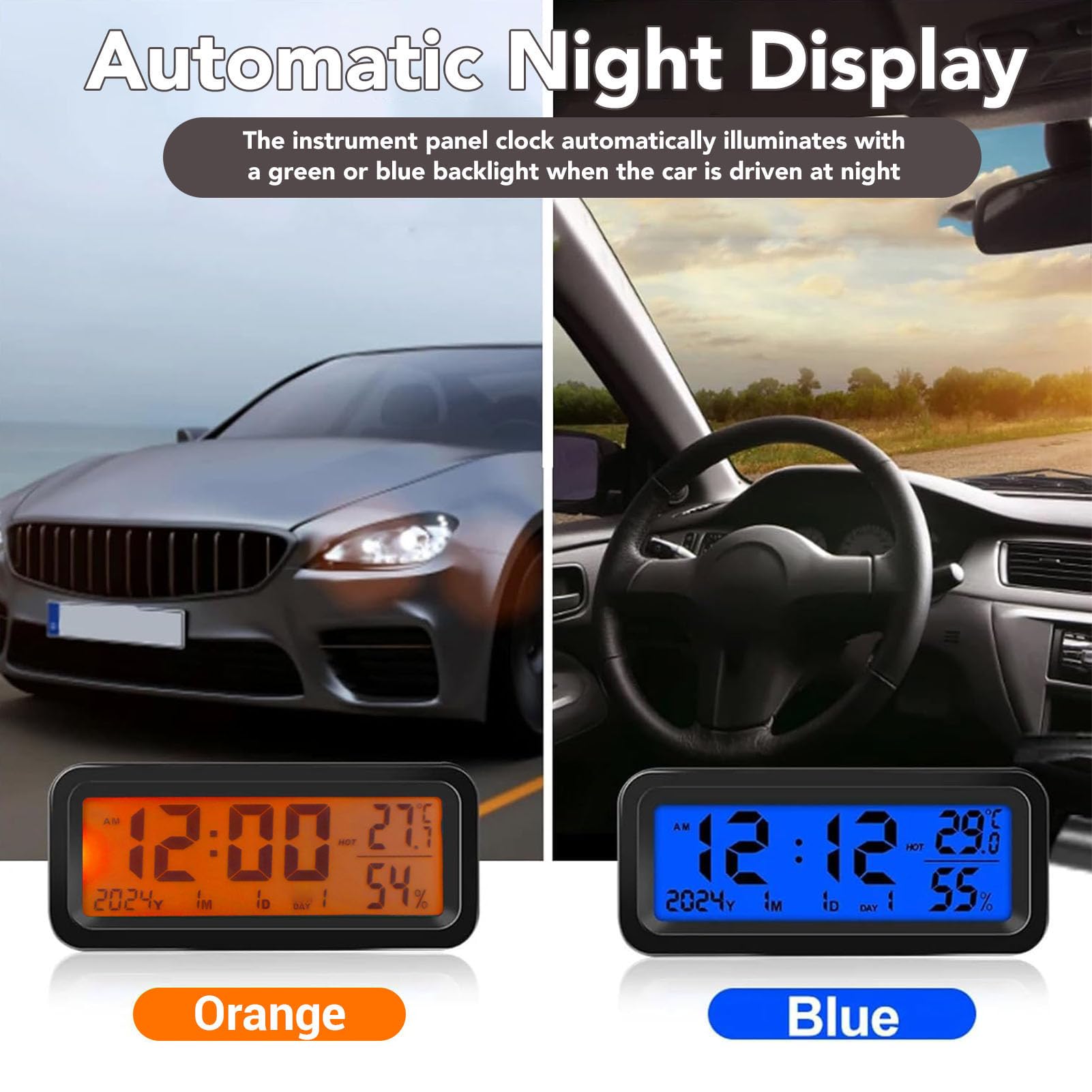 Orologio Cruscotto per Auto con Monitor di umidità della Temperatura, Orologio Digitale in Retroilluminazione Automatica per Auto, Orologio per Display LCD Alimentato USB C con