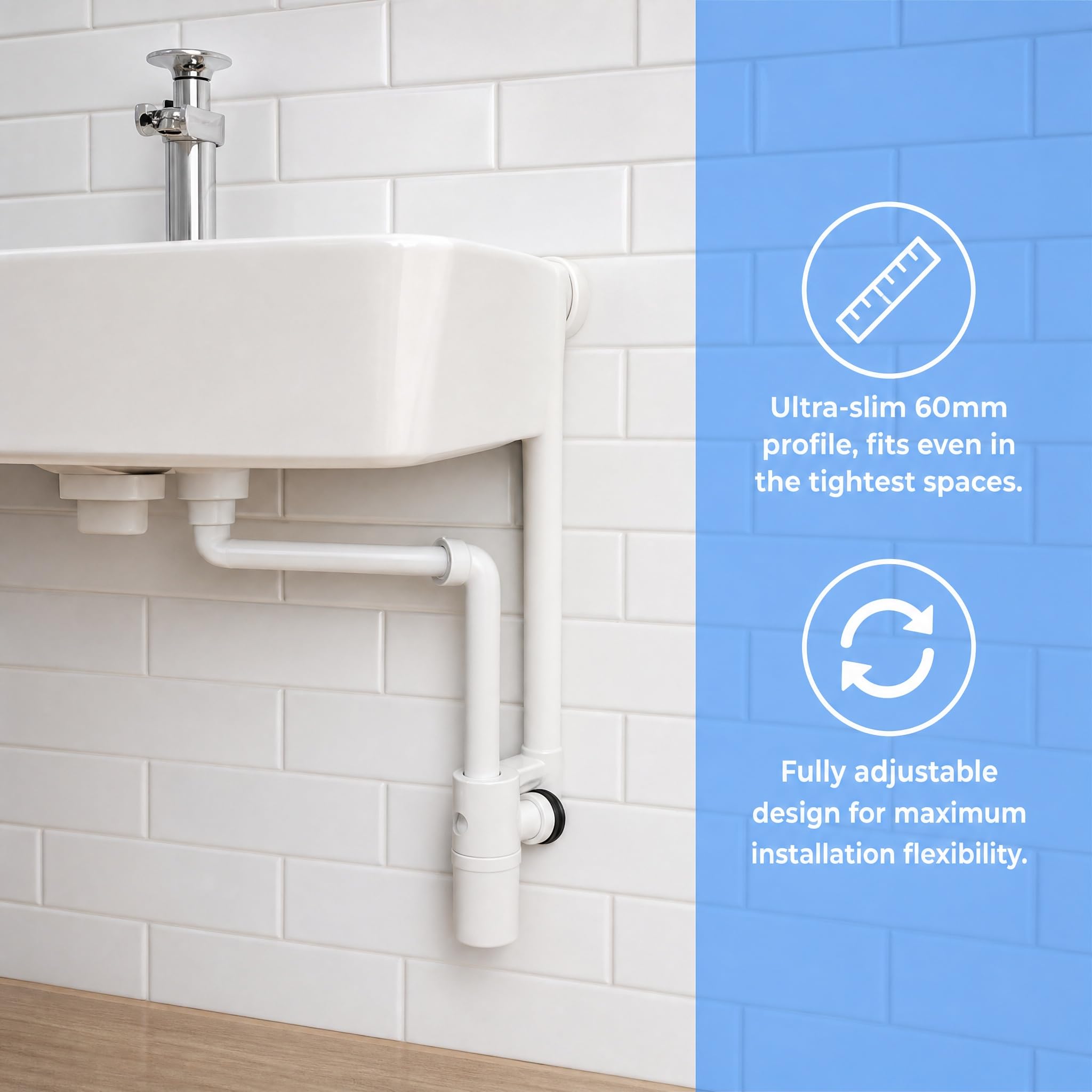 Sifón Ahorrador de Espacio para Lavabo y Cocina, Desagüe Flexible 1 1/4" Antiolores con Sello Hidráulico 60mm, Tubo Sifon Lavabo Baño Antiolor Autolimpiable, Kit de Fontanería con Filtro Pelo, Blanco