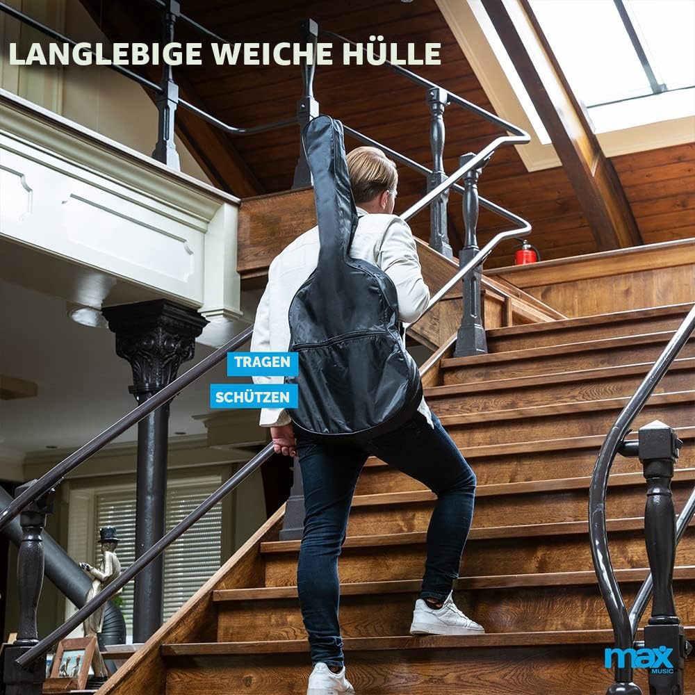 MAX SoloJam Westerngitarre, Akustik Gitarre Set, Acoustic Guitar, Akustikgitarre 4/4 mit Tasche, Plektrum, Stimmgerät, Schultergurt und Stahlsaiten, Anfängergitarre in Schwarz