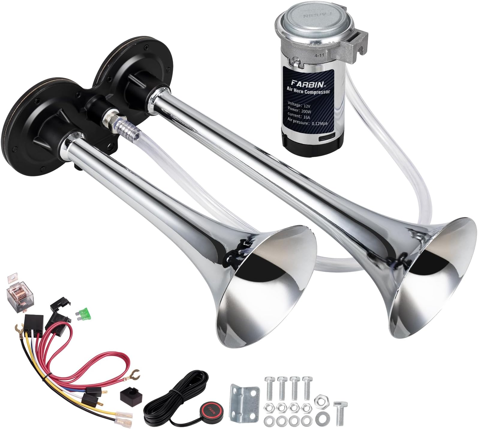 FARBIN Air Horn 12V Loud Car Horn kitï¼Å’Chrome Zinc Dual Trumpet with Compressor Wire Harness and Switch,for Any 12V Vehicles Trucks Cars SUV RV Motorcycles Off Road (12V, Standard Edition + Button)