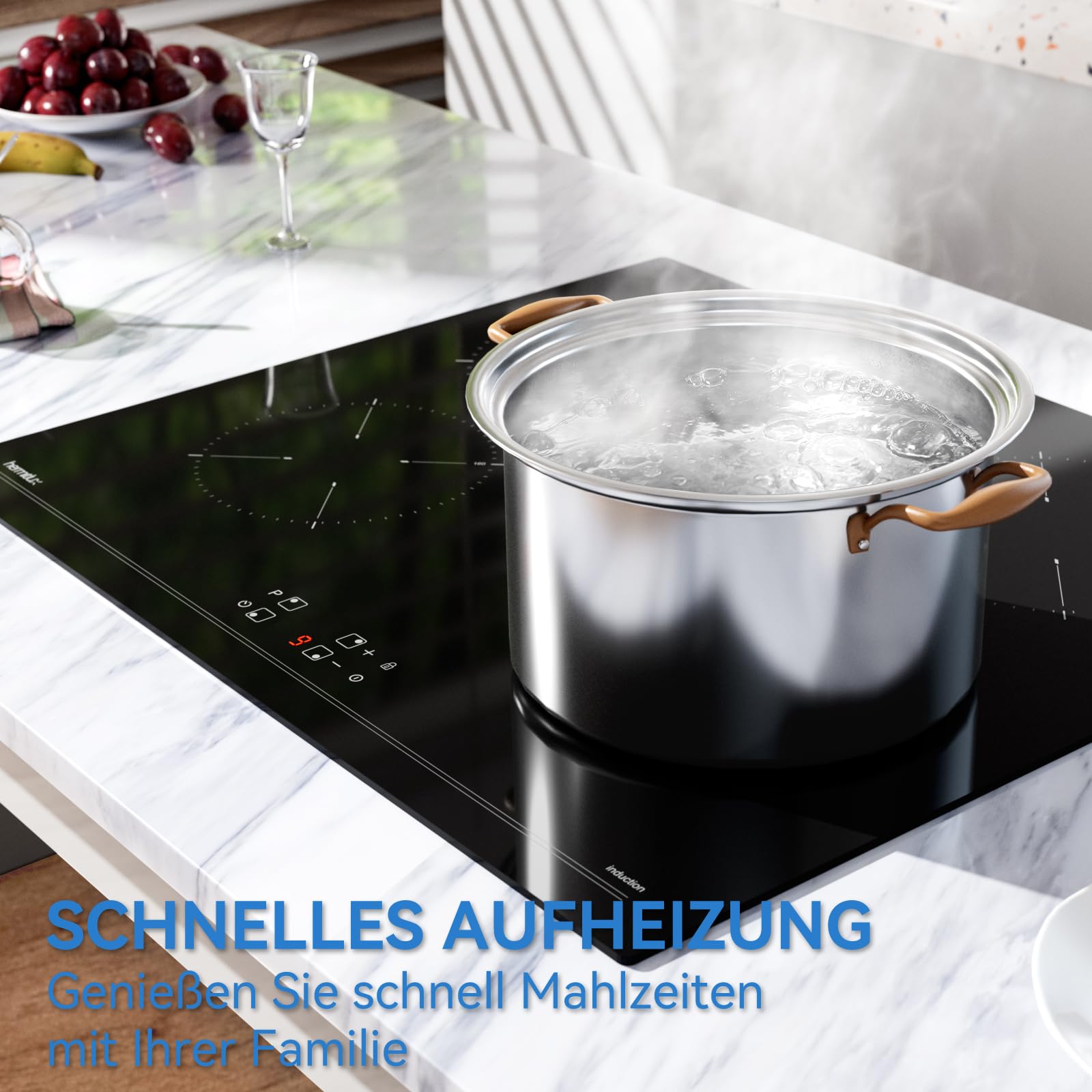 Hermitlux Induktionskochfeld 60cm 4 Zonen mit Booster 7200W Touch-Bedienung Kindersicherung Timer