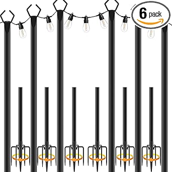 6 Pack 10 ft Heavy Duty Metal String Light Poles Adjustable Outdoor Lighting Stand for Patio,Backyard,Garden,Party & Wedding Rustproof & Sturdy with Hooks