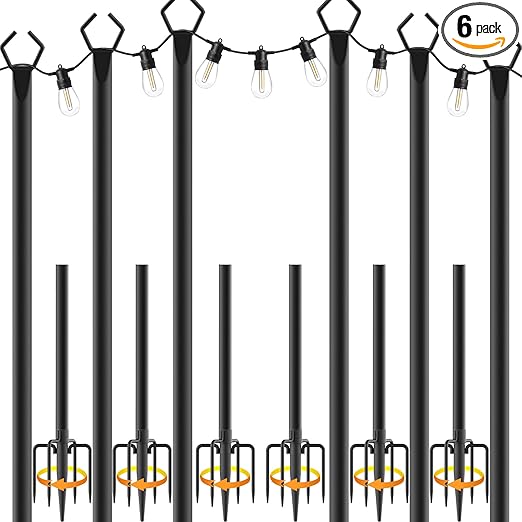 6 Pack 10 ft Heavy Duty Metal String Light Poles Adjustable Outdoor Lighting Stand for Patio,Backyard,Garden,Party & Wedding Rustproof & Sturdy with Hooks