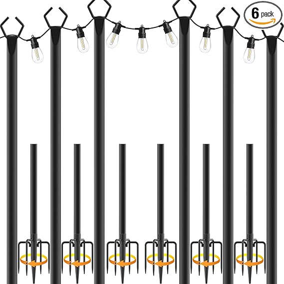 6 Pack 10 ft Heavy Duty Metal String Light Poles Adjustable Outdoor Lighting Stand for Patio,Backyard,Garden,Party & Wedding Rustproof & Sturdy with Hooks