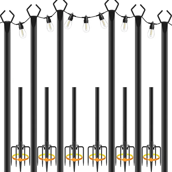 6 Pack 10 ft Heavy Duty Metal String Light Poles Adjustable Outdoor Lighting Stand for Patio,Backyard,Garden,Party & Wedding Rustproof & Sturdy with Hooks