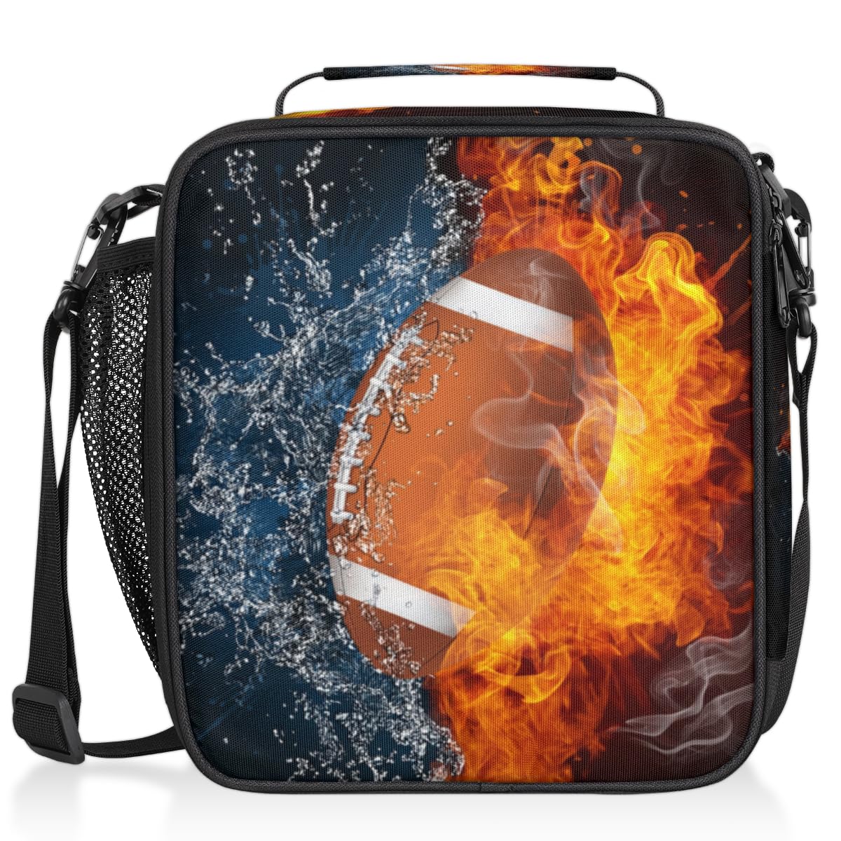 TropicalLife Football Kids Lunch Boxes Fire Soccer Insulated Lunch Bag for Kids with Adjustable Shoulder Strap School Lunch