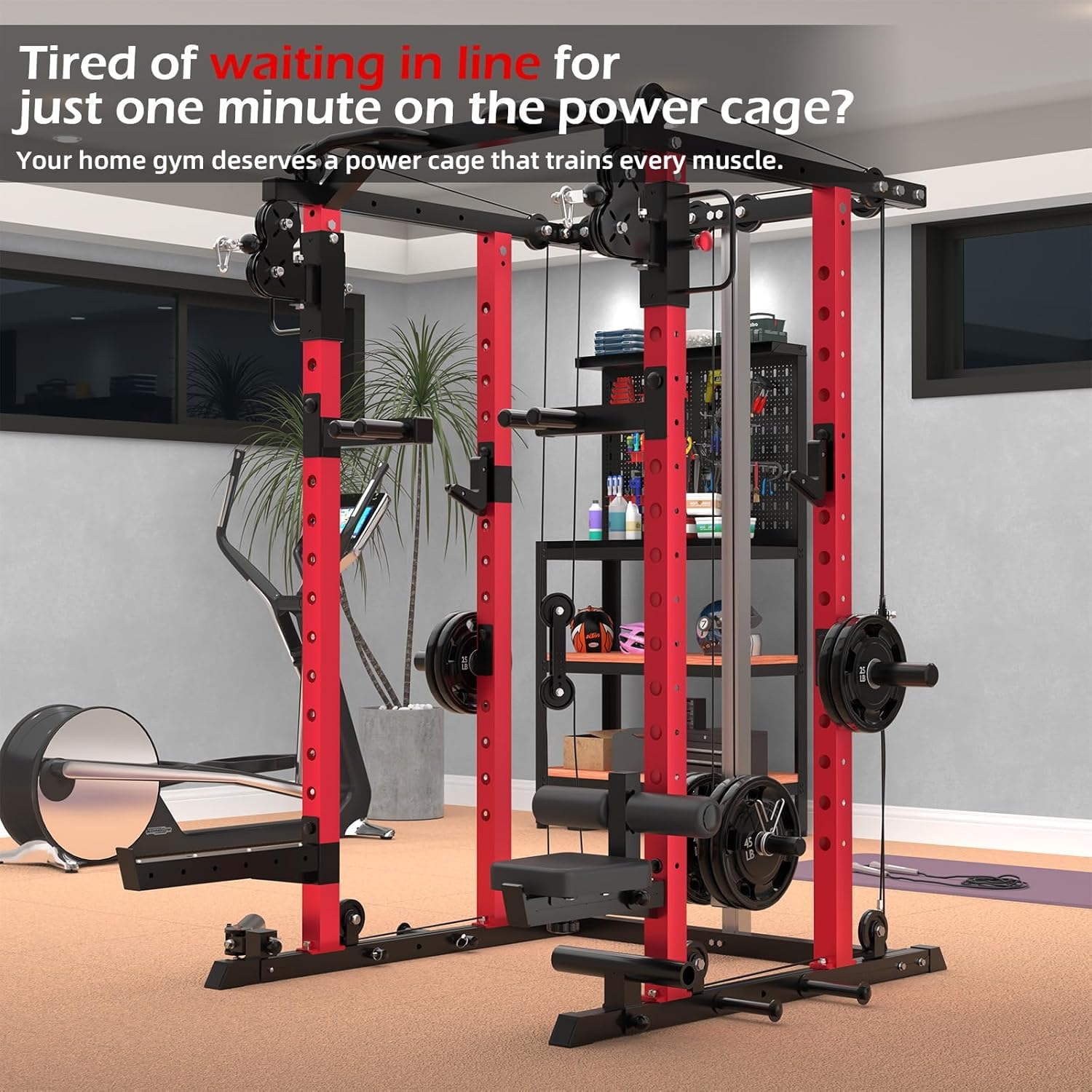 YODOLLA Power Cage 907 kg, Power Rack mit Bankdrück-Funktion, Latzug & Doppel-Kabelzug für Zuhause, All-in-One Kraftstation für Home Gym & Garage