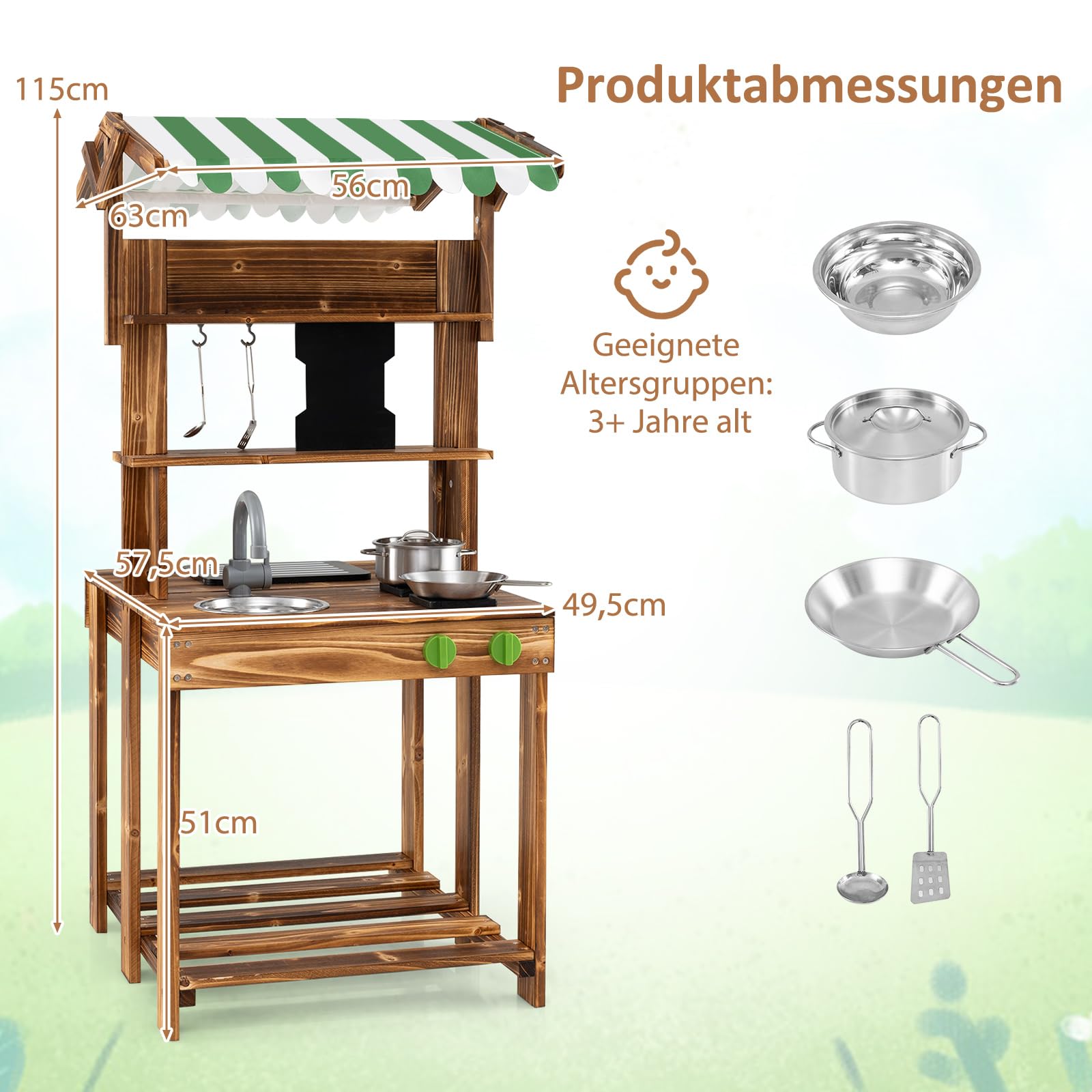 COSTWAY Matschküche Kinder Outdoor, Doppelseitige Kinderküche mit Dach, Schultafel, Spüle & Wasserhahn, Outdoorküche Spielküche Holz für Jungen & Mädchen ab 3 Jahren