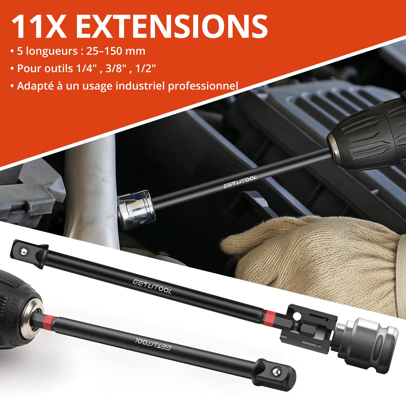 GETLITOOL Lot de 20 adaptateurs de douille, 11 adaptateurs de clé à douille, 6 adaptateurs de visseuse à percussion, 3 joints de cardan, adaptateur professionnel pour outils de percussion Cr-V & Cr-Mo