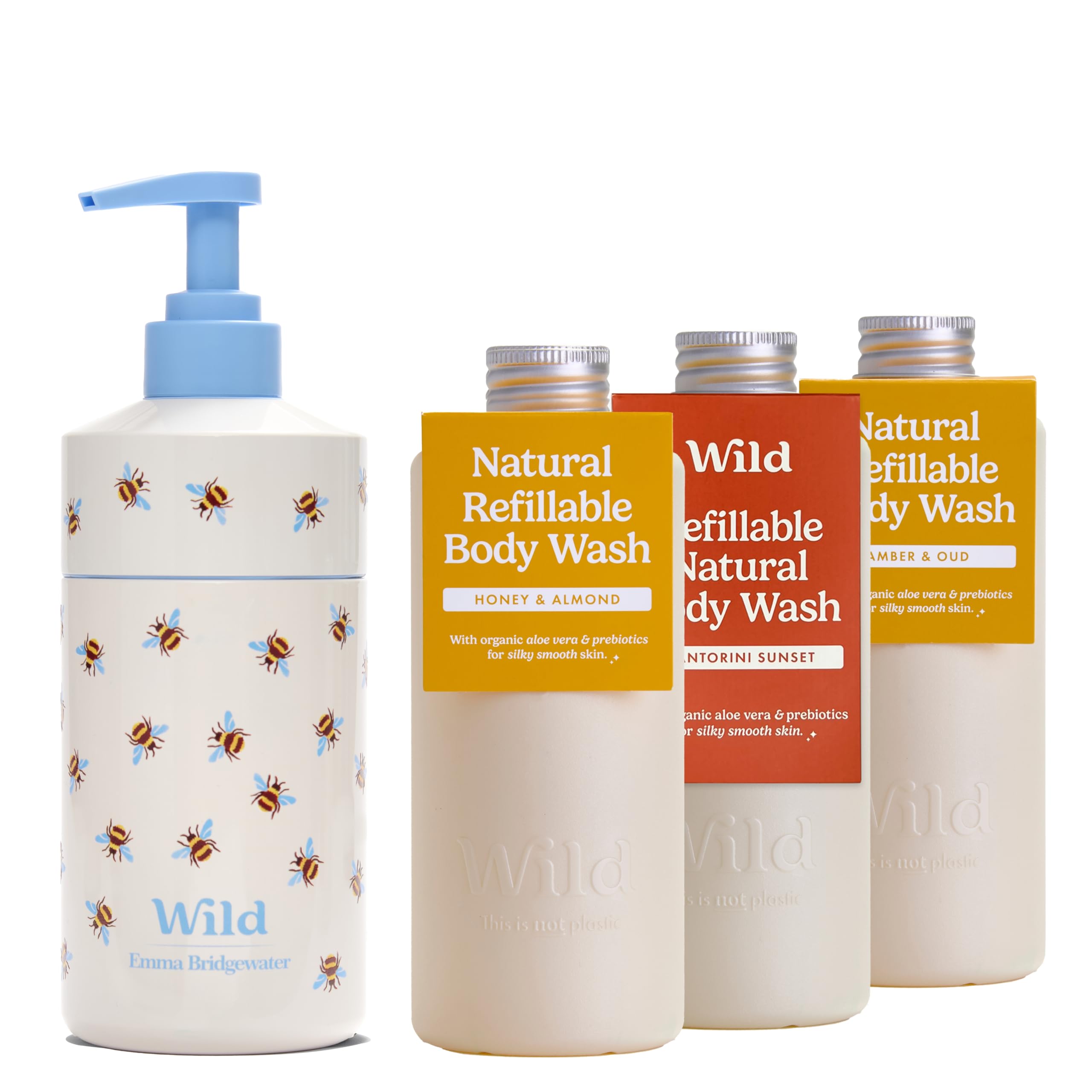 Wild Kit de inicio de gel de baño recargable - Carcasa de aluminio de abejas y 3 recambios de gel de ducha en varios aromas - 95% ingredientes naturales - Honey & Almond Amber & Oud Santorini Sunset