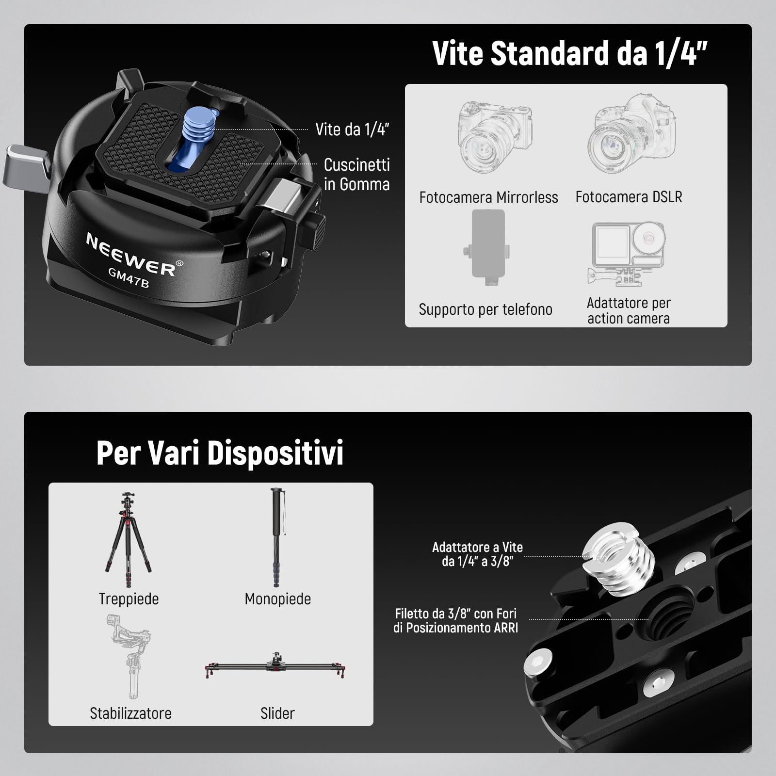 NEEWER GM47B Kit Piastra a Sgancio Rapido, Adattatore Treppiede Fotocamera QR Quadrato con Base a Morsetto Compatibile con Arca Swiss DJI Ronin RS 4 Pro RS 3 RS 2 Peak Design Capture V3 Camera Clip