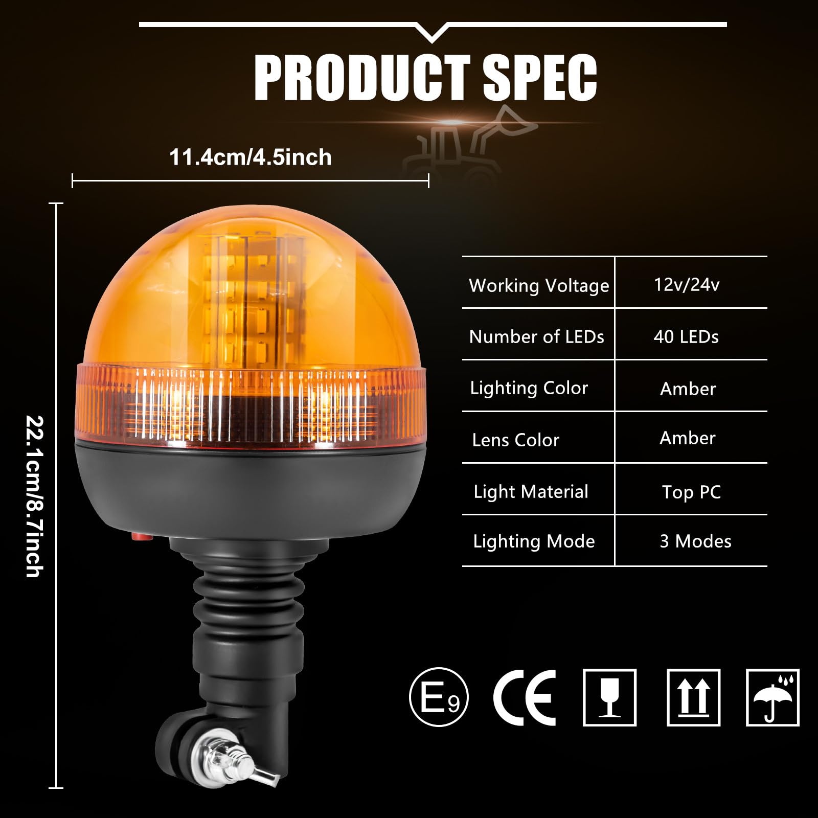 Faros LED giratorios, color naranja con 40 LED, luz estroboscópica de emergencia 3 modos de iluminación impermeable para camión, tractor, ambulancia, 12 V/24 V
