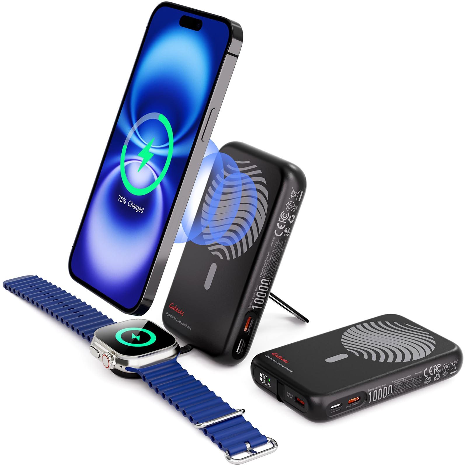 Galeces Magnetico Power Bank 10000mAh, Power Bank Magnetico Caricatore Wireless Portatile 20W Ricarica Rapida con Display LED e Supporto Pieghevole per iPhone/16/15/14/13/12/Apple Watch,nero
