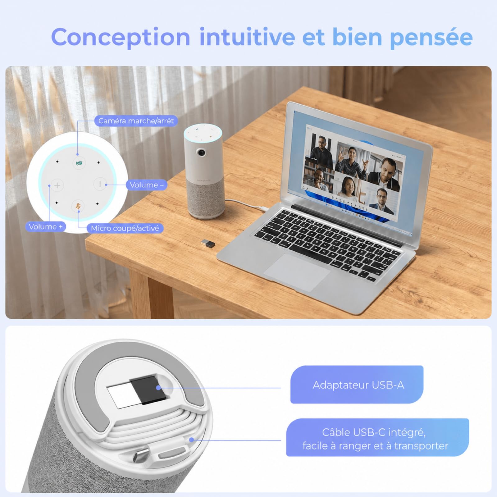 Nuroum C10 Webcam avec Microphone et Haut-Parleur, 1080P Full HD Tout-en-Un, Grand Angle 90°, Caméra Vidéo Portable, Réduction de Bruit AI, USB Plug&Play pour Windows/Mac