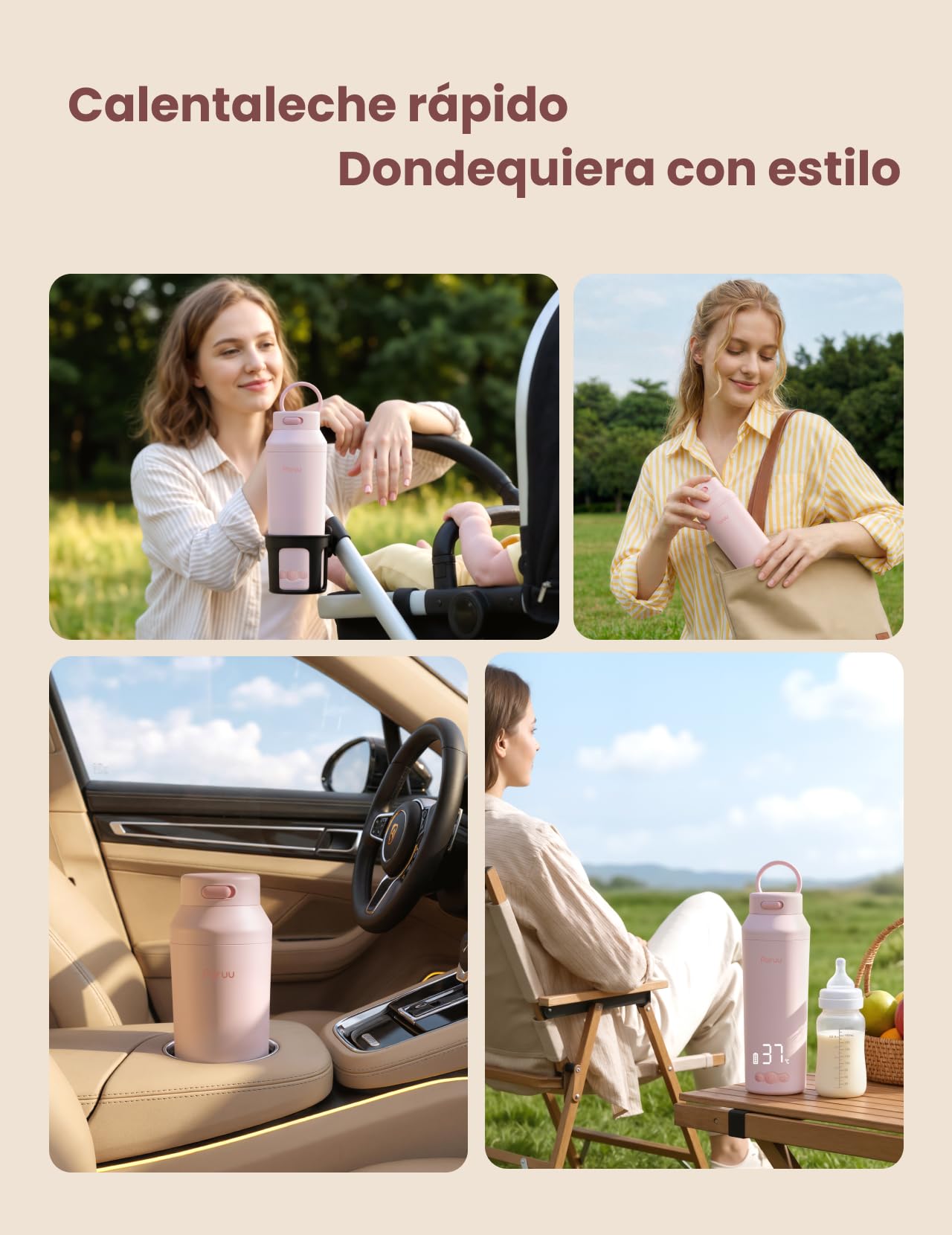 Paruu Calienta Biberones Portatil para Viaje, Boca Ancha Fácil de Limpiar, Calentamiento Rápido en 2 Minutos, 7 Niveles de Regulación de Temperatura, Capacidad 350ml, Rosa