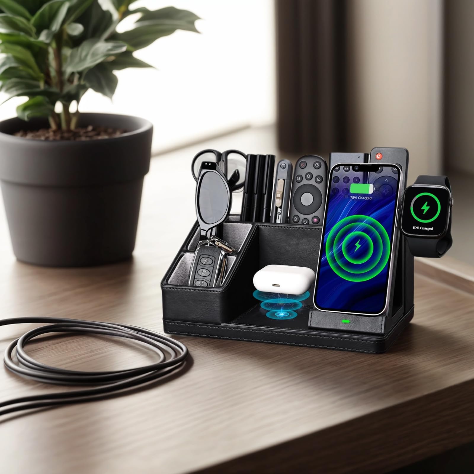 GORESE Organizer da scrivania 3 in 1 con stazione di ricarica induttiva in pelle per ufficio, 30 W ricarica wireless per iPhone 16/15/14/13/12/11/Pro/Max/XS iWatch7/6/5/4/3 AirPods3/2 AirPods 3/2/Pro