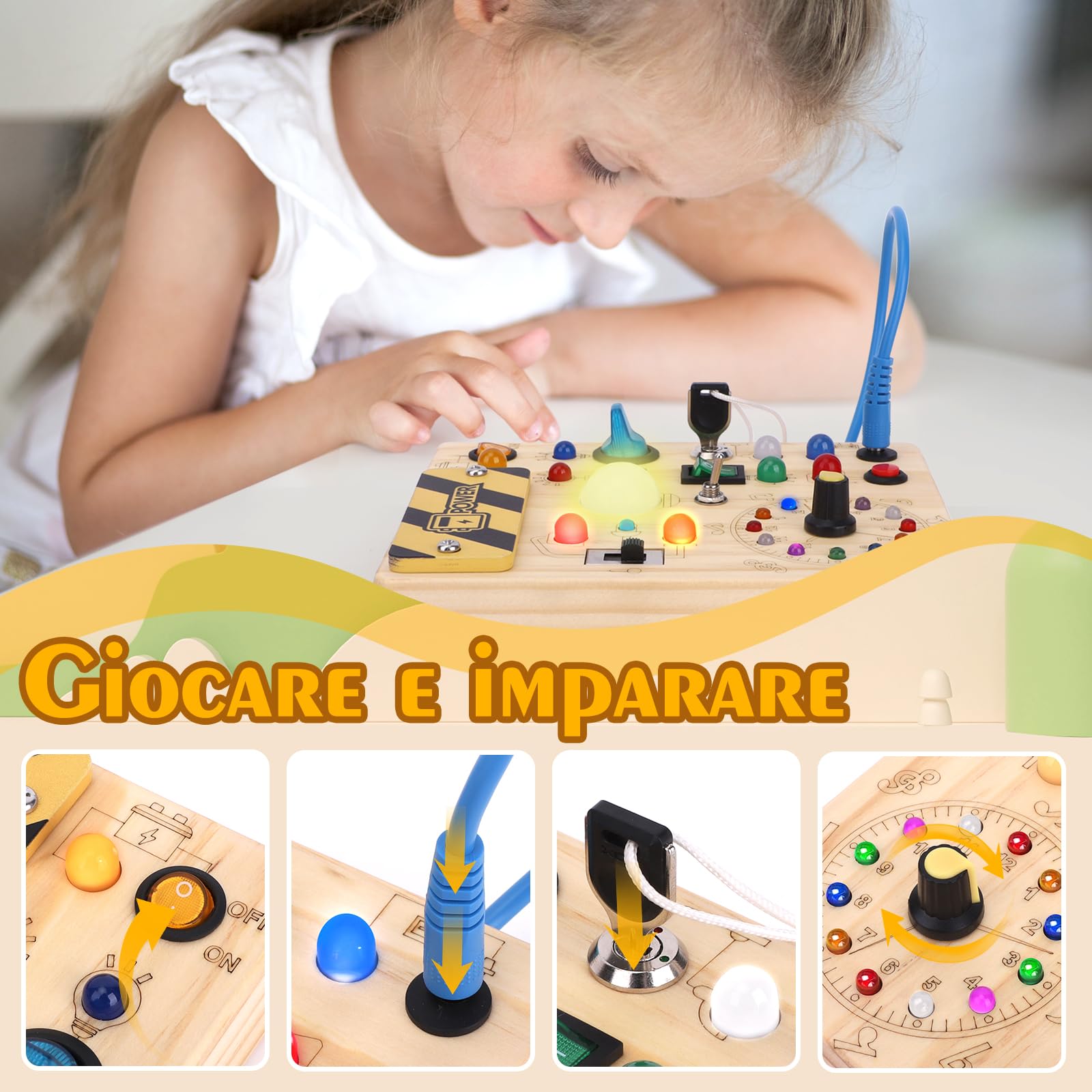 Hoarosall Busy Board Tavola delle attività Montessori in Legno per Bambini 1 2 3 Anni - Busy Board Sensoriale con 10 Interruttori e 23 Luci LED per Sviluppare la Motricità Fine