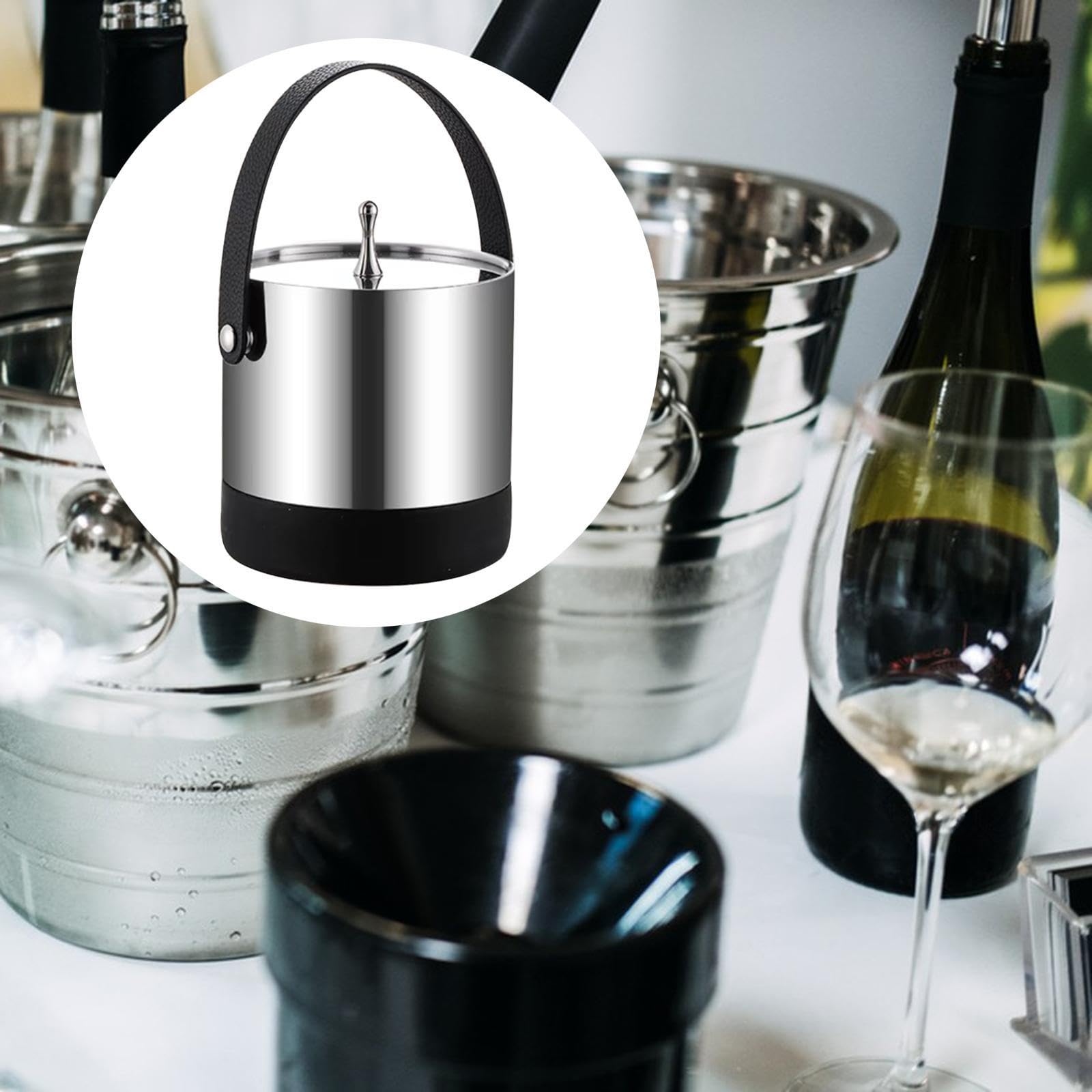 MERIGLARE Cubitera Cubo para Champán Enfriador de Bebidas Recipiente Metálico de Acero Inoxidable con Asa Y Tapa Aislante Adecuado para Fiestas Y Bares, Mango de Cuero Pu, tal como se describe