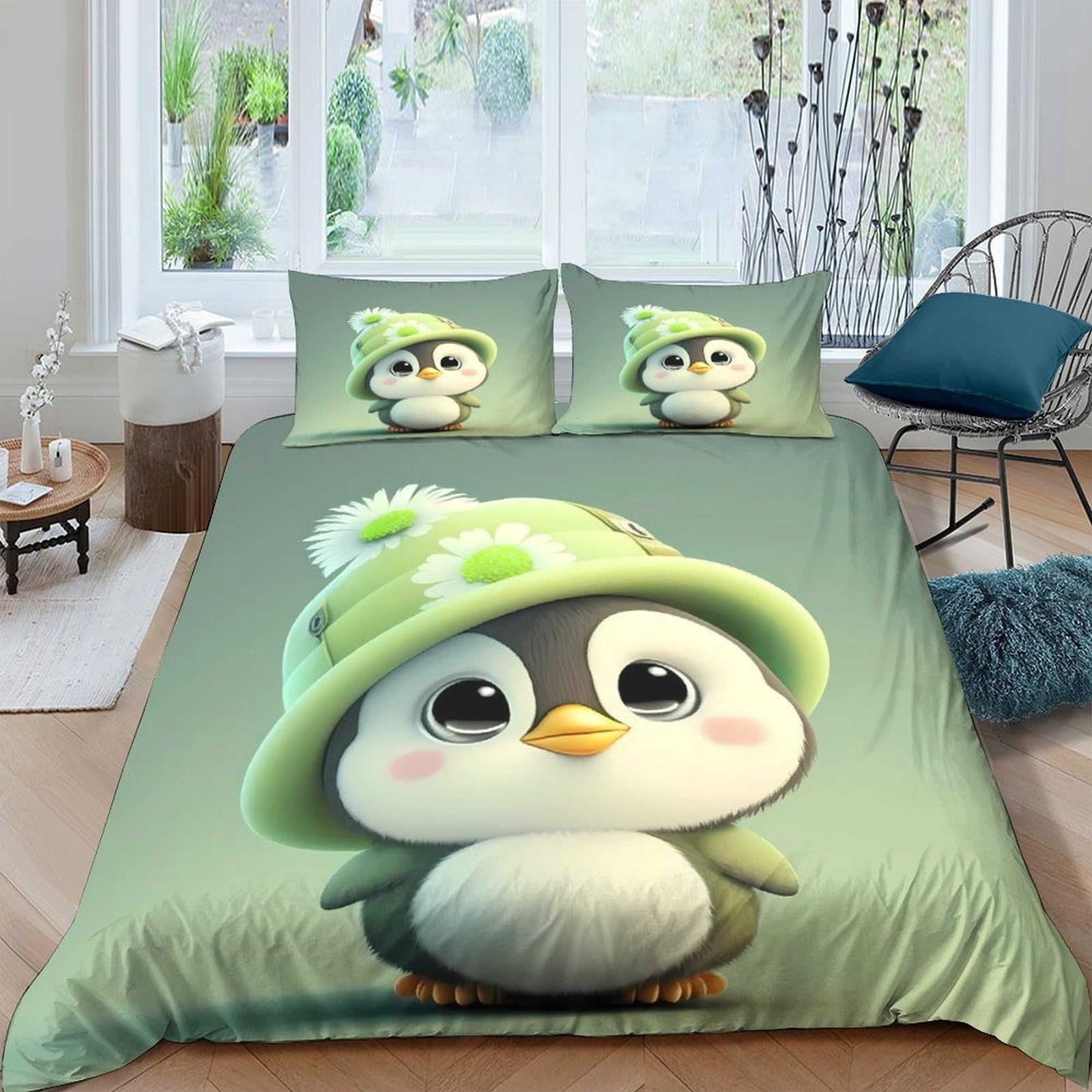 Ctjqhvkz Style-4 3D Printed Cute Penguin Fitted Sheet Microfiber Green Hat Cartoon Bed Cover For Bedroom Guest Room Dorm Easy Care Single（135X200cm）