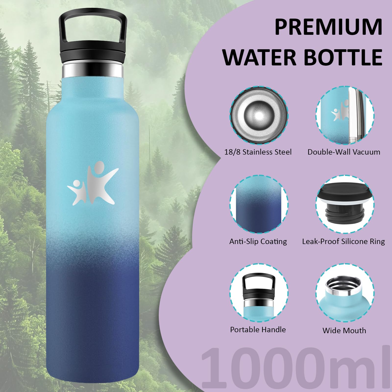 Borraccia Termica, Borraccia 1 litro, Senza BPA, Borracce con Cannuccia, Senza Perdite, Bottiglia Termica, Isolamento Sottovuoto, Borracce per Palestra, Lavoro, Trekking, Corsa, Pilates